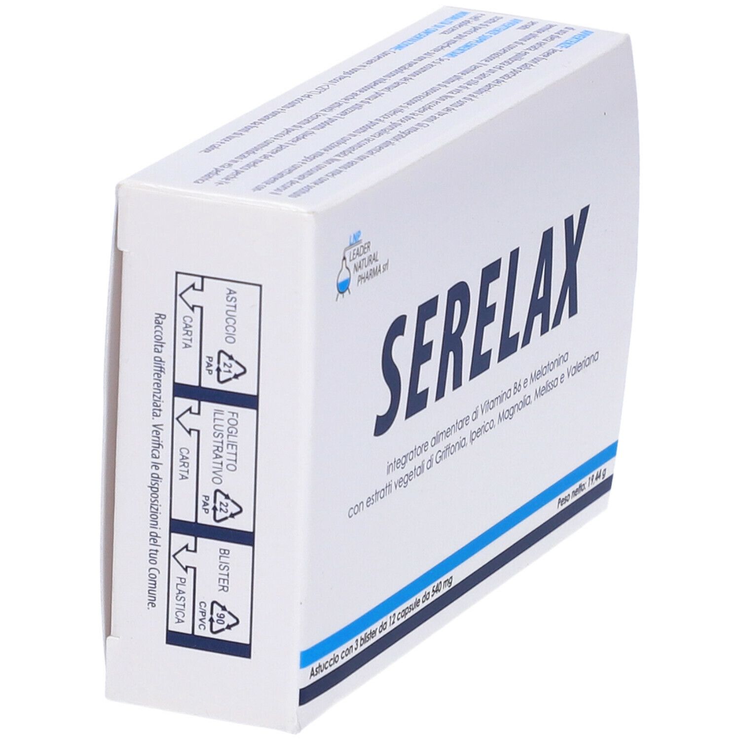 Scatola Serelax, bianca con testo blu. Testo: Serelax, integratore alimentare. Contiene 3 blister da 12 capsule.