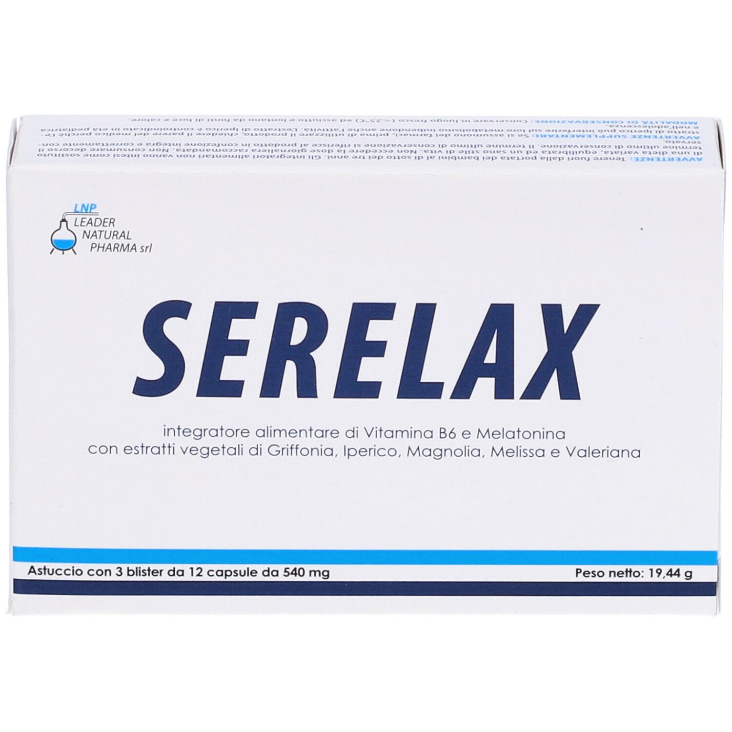 Scatola Serelax, bianca con testo blu. Testo: Serelax, integratore alimentare. Contiene 3 blister da 12 capsule.