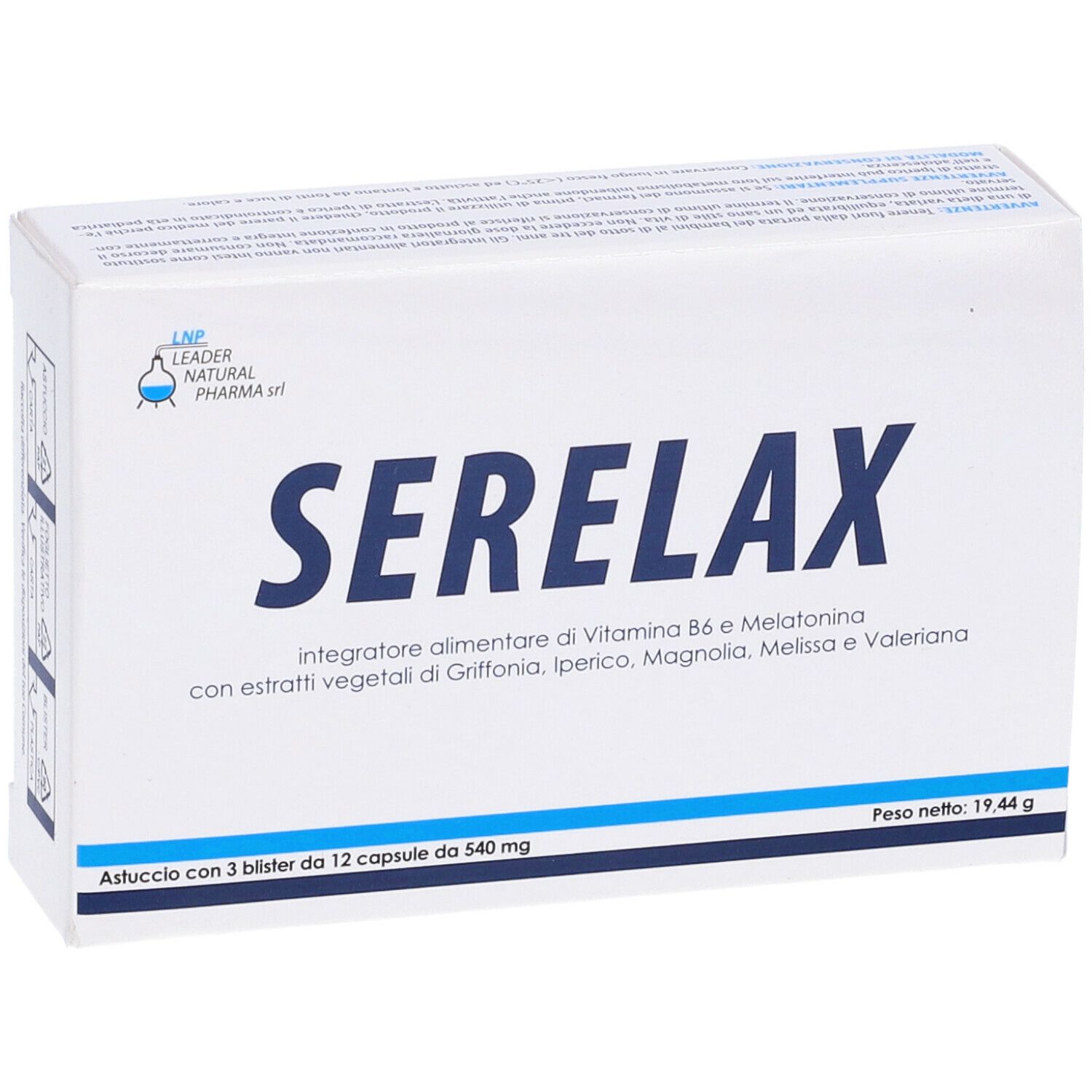 Scatola Serelax, bianca con testo blu. Testo: Serelax, integratore alimentare. Contiene 3 blister da 12 capsule.