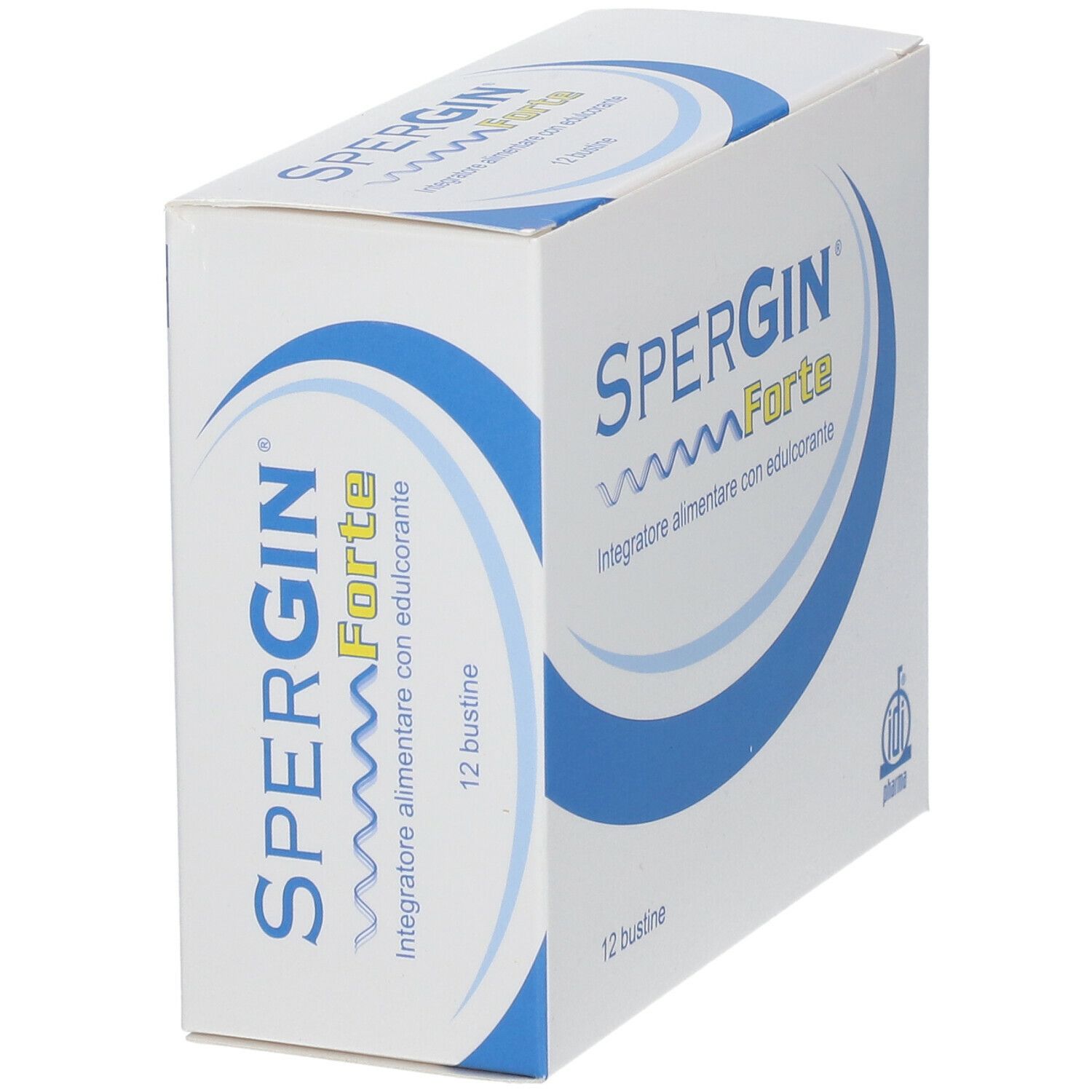Scatola SPERGIN Forte, in prospettiva. Confezione blu e bianca. 12 bustine.