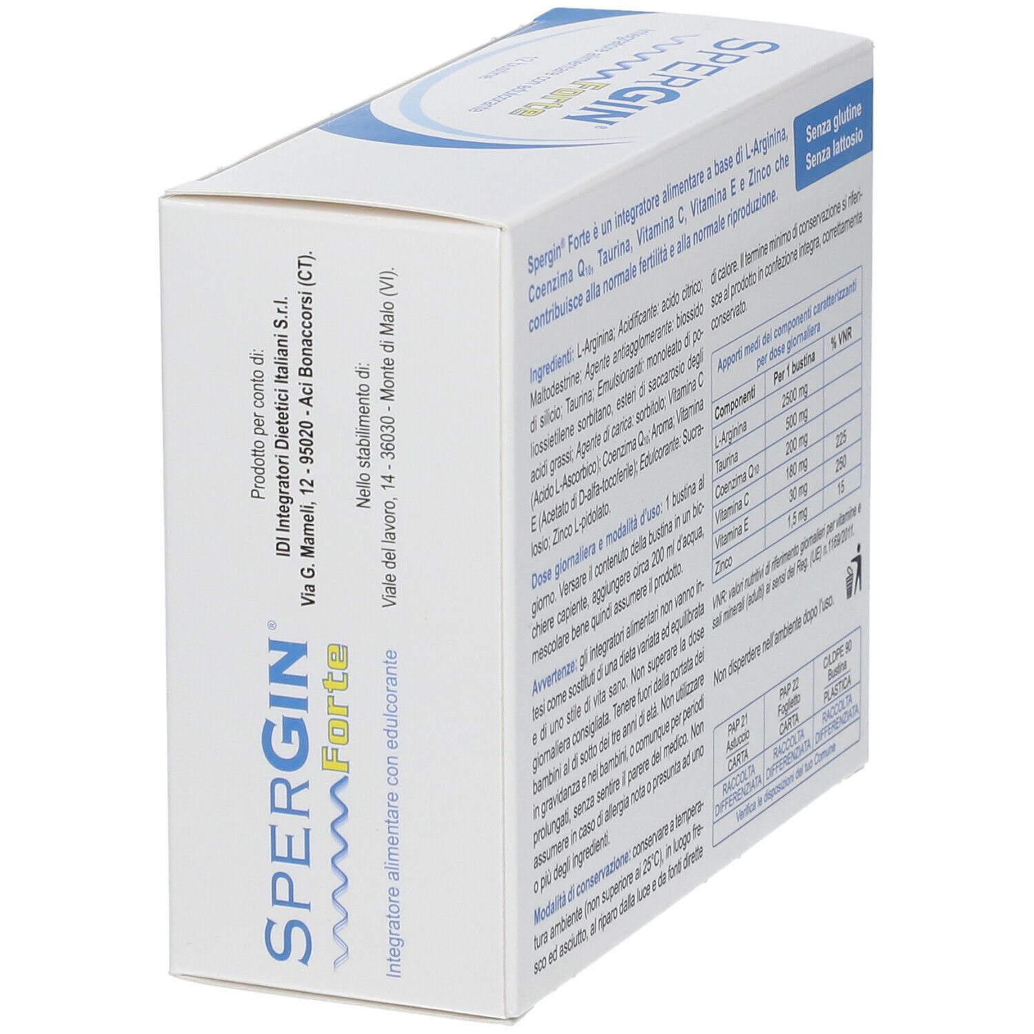 Scatola SPERGIN Forte, in prospettiva. Testo con ingredienti e informazioni nutrizionali.