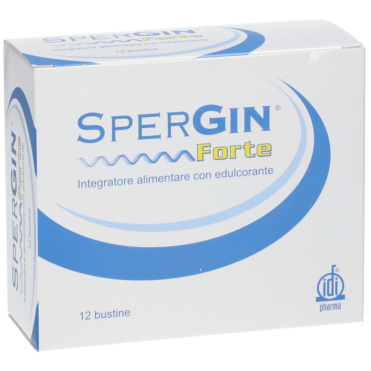 Scatola di SPERGIN Forte. Confezione blu e bianca. 12 bustine.