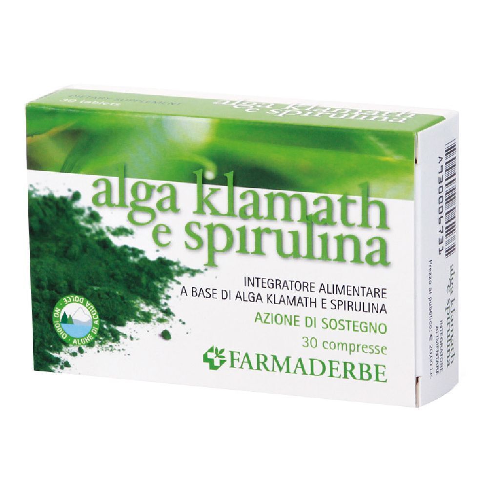 Scatola "alga klamath e spirulina". Confezione verde e bianca, nome del prodotto e logo. 30 compresse. Marchio: Farmaderbe.