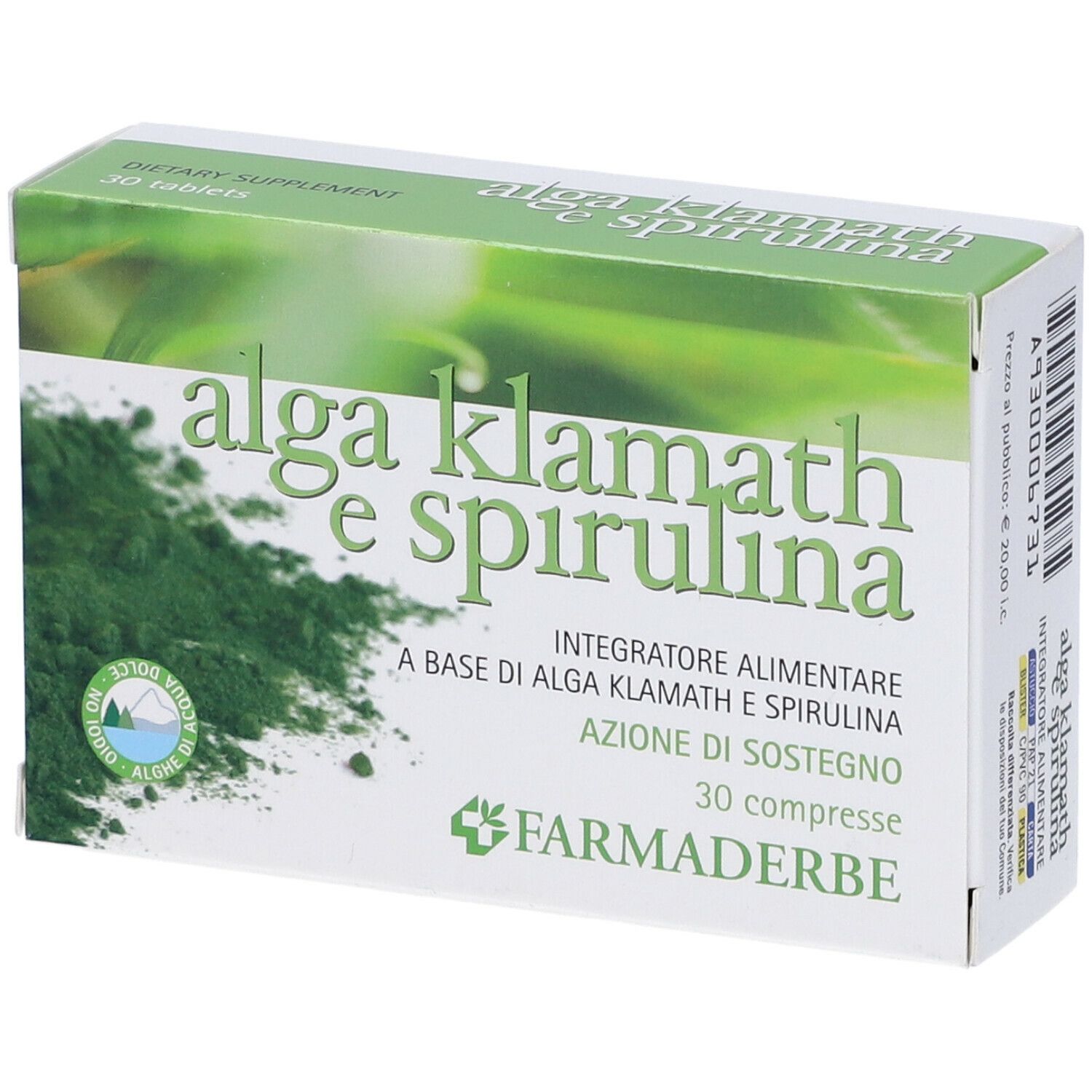 Scatola "alga klamath e spirulina". Confezione verde e bianca, nome e logo. 30 compresse. Marchio: Farmaderbe. Vista diagonale.