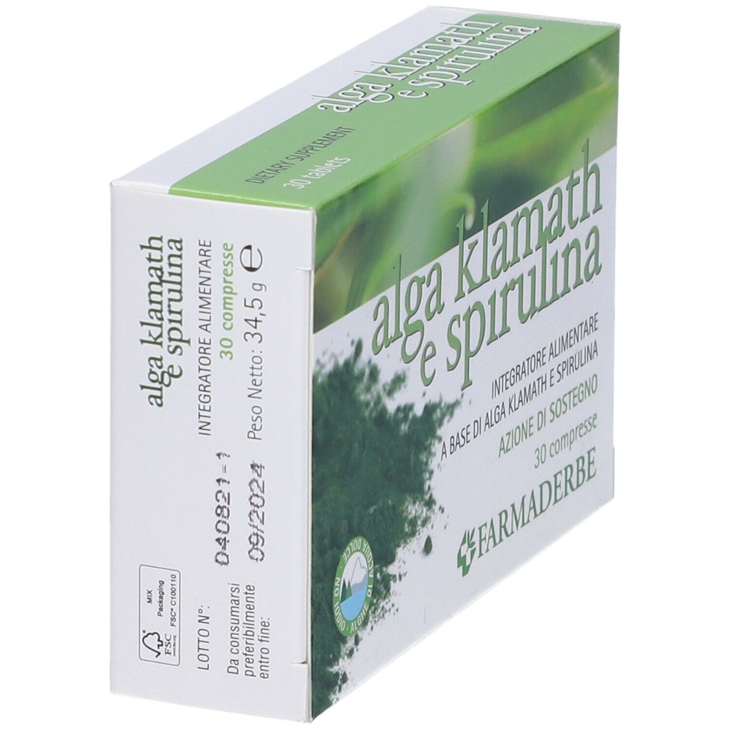 Scatola "alga klamath e spirulina". Confezione verde e bianca, nome e logo. 30 compresse. Marchio: Farmaderbe. Vista diagonale.