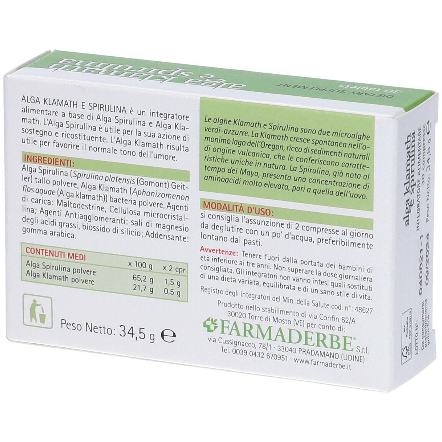 Retro della scatola "alga klamath e spirulina". Testo in italiano, ingredienti, modalità d'uso, marchio: Farmaderbe.