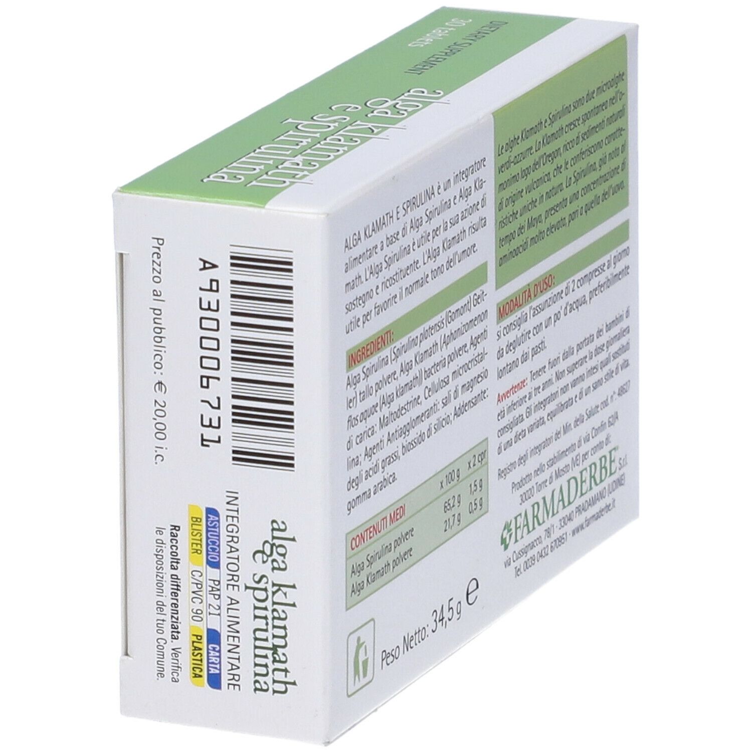 Scatola "alga klamath e spirulina". Confezione verde e bianca, nome e logo. 30 compresse. Marchio: Farmaderbe. Vista diagonale.