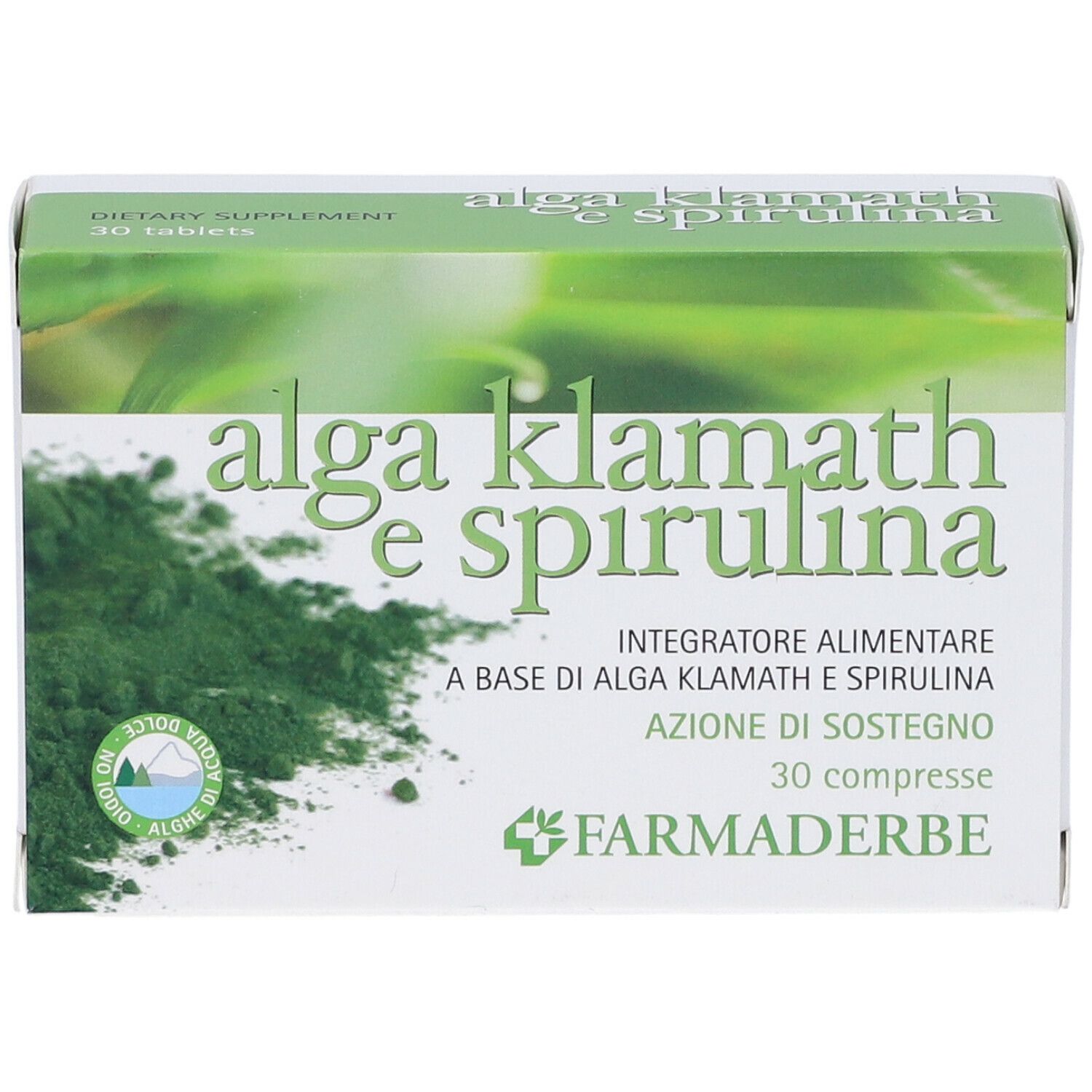 Scatola "alga klamath e spirulina". Confezione verde e bianca, nome del prodotto e logo. 30 compresse. Marchio: Farmaderbe.