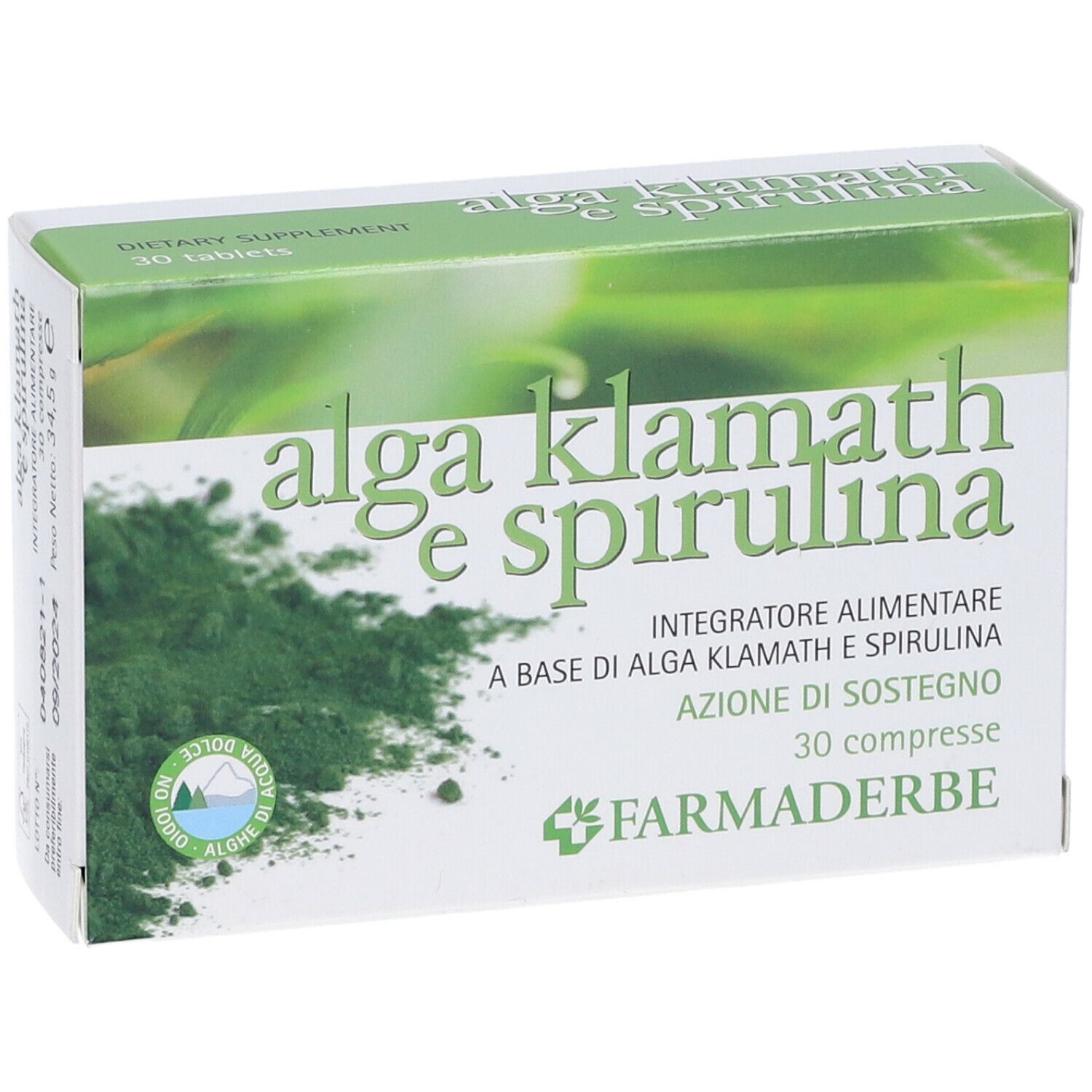 Scatola "alga klamath e spirulina". Confezione verde e bianca, nome del prodotto e logo. 30 compresse. Marchio: Farmaderbe.