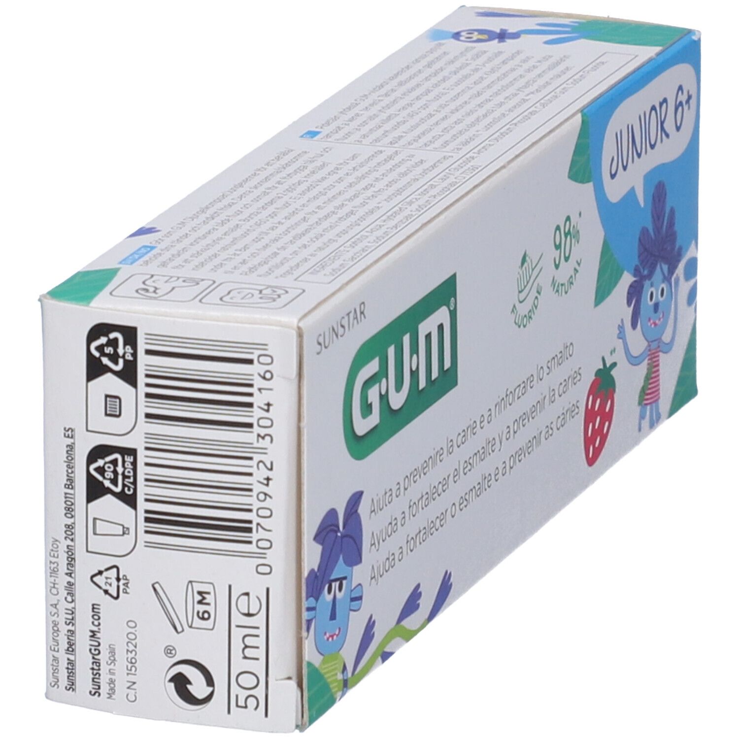 Zahncreme-Verpackung, Rückseite. G•U•M Junior 6+. 50 ml. Barcode und Recycling-Symbole.