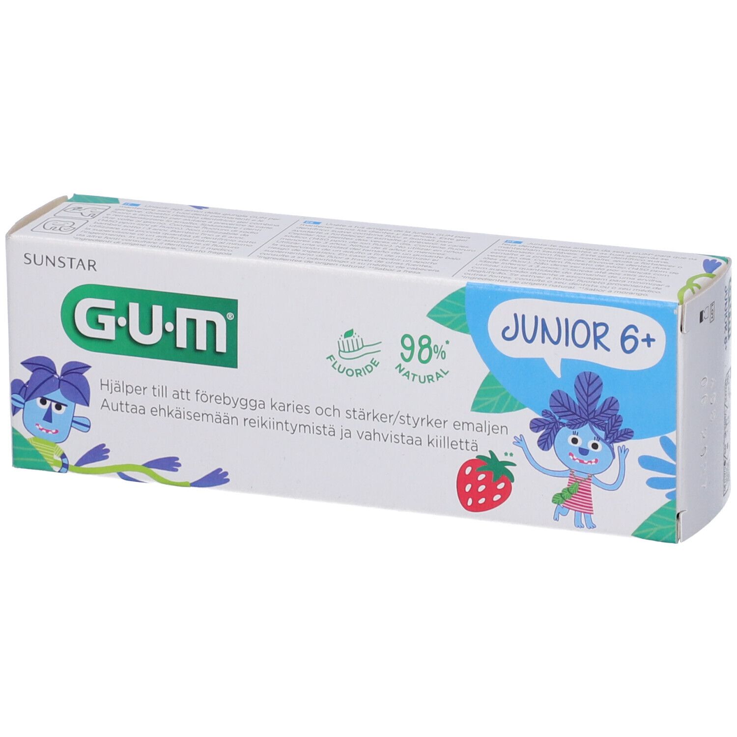 Zahncreme-Verpackung. G•U•M Junior 6+ mit Erdbeere-Illustration. Enthält Fluorid. 98% natürlich.