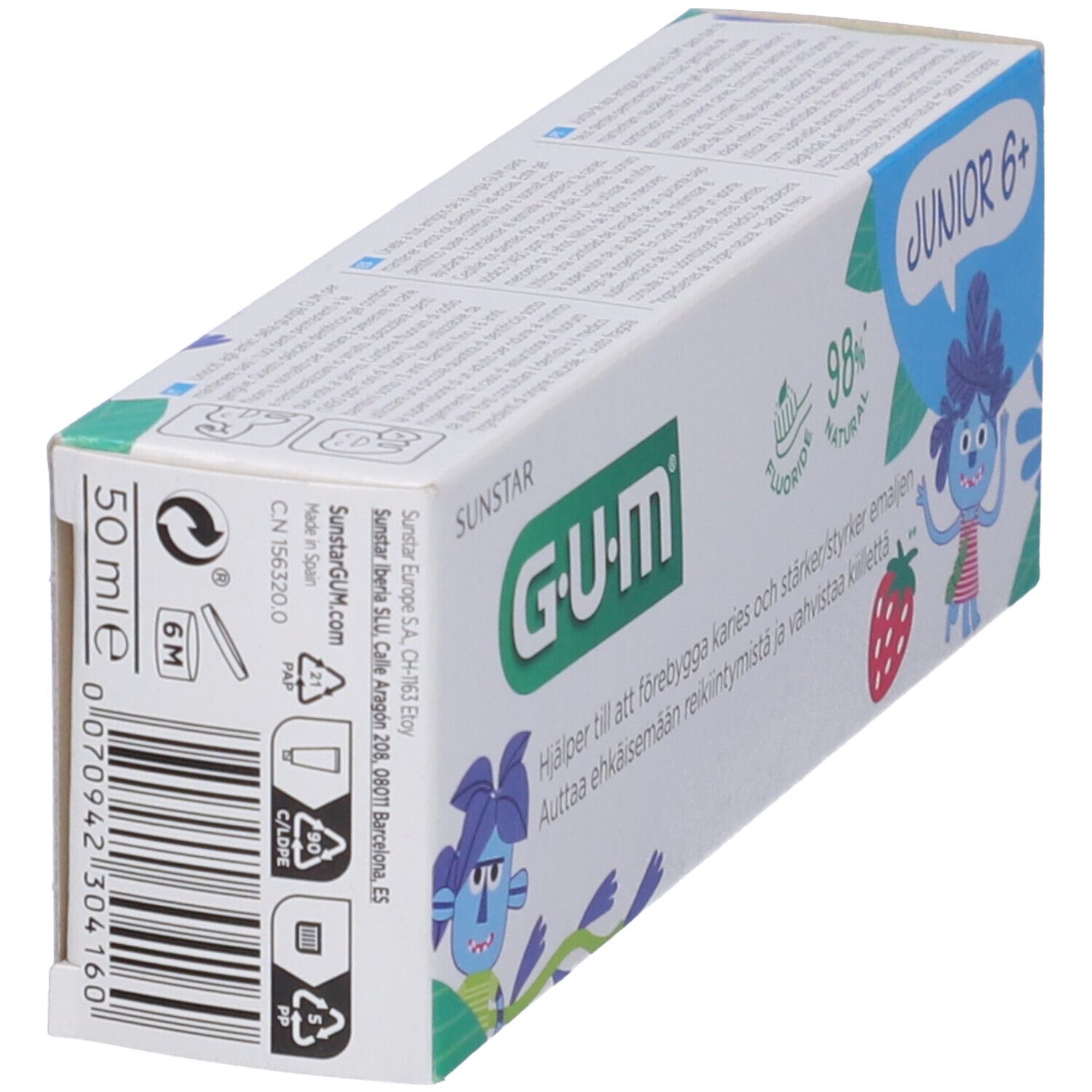 Zahncreme-Verpackung, Rückseite. G•U•M Junior 6+. 50 ml. Barcode und Recycling-Symbole.