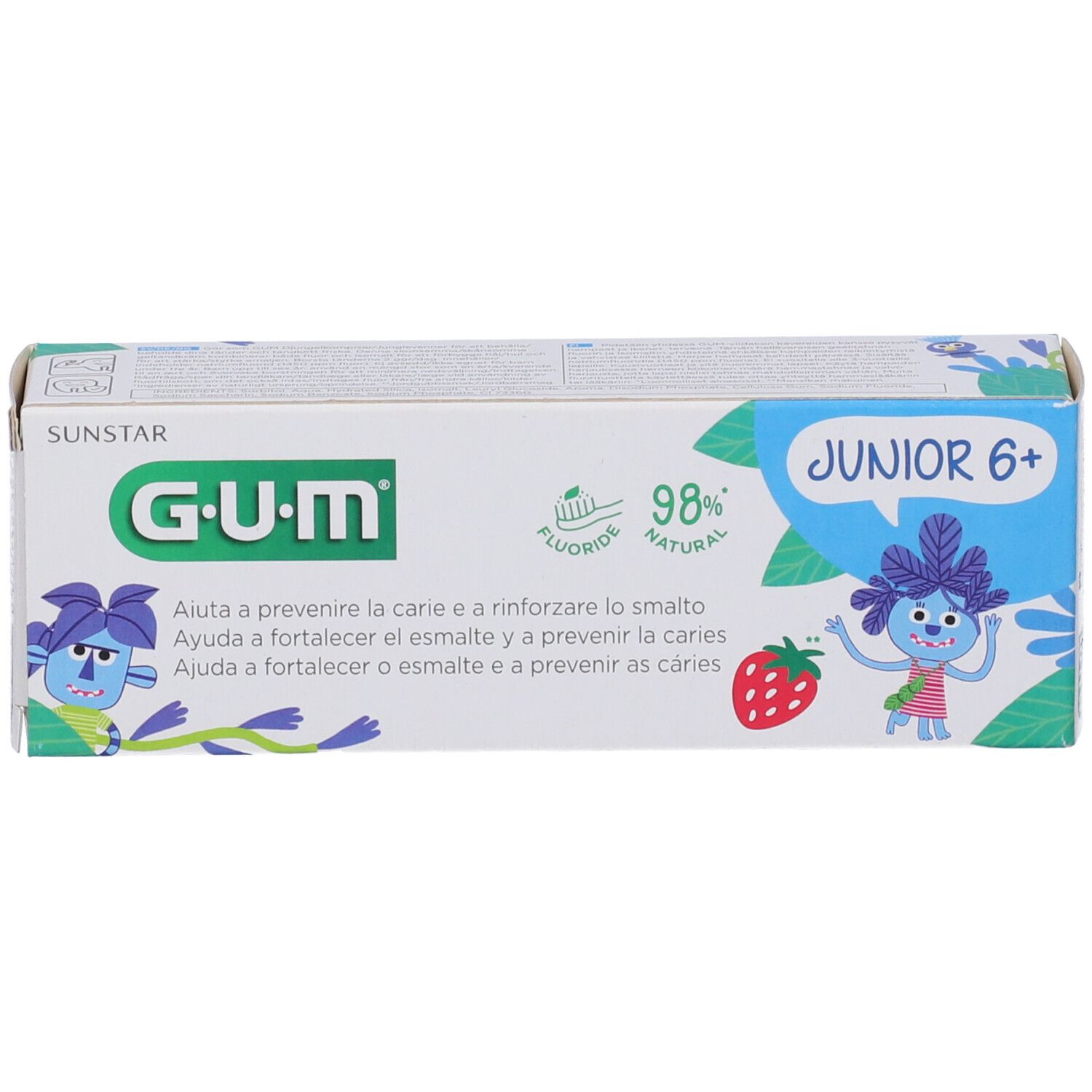 Zahncreme-Verpackung. G•U•M Junior 6+ mit Erdbeere-Illustration. Enthält Fluorid. 98% natürlich.