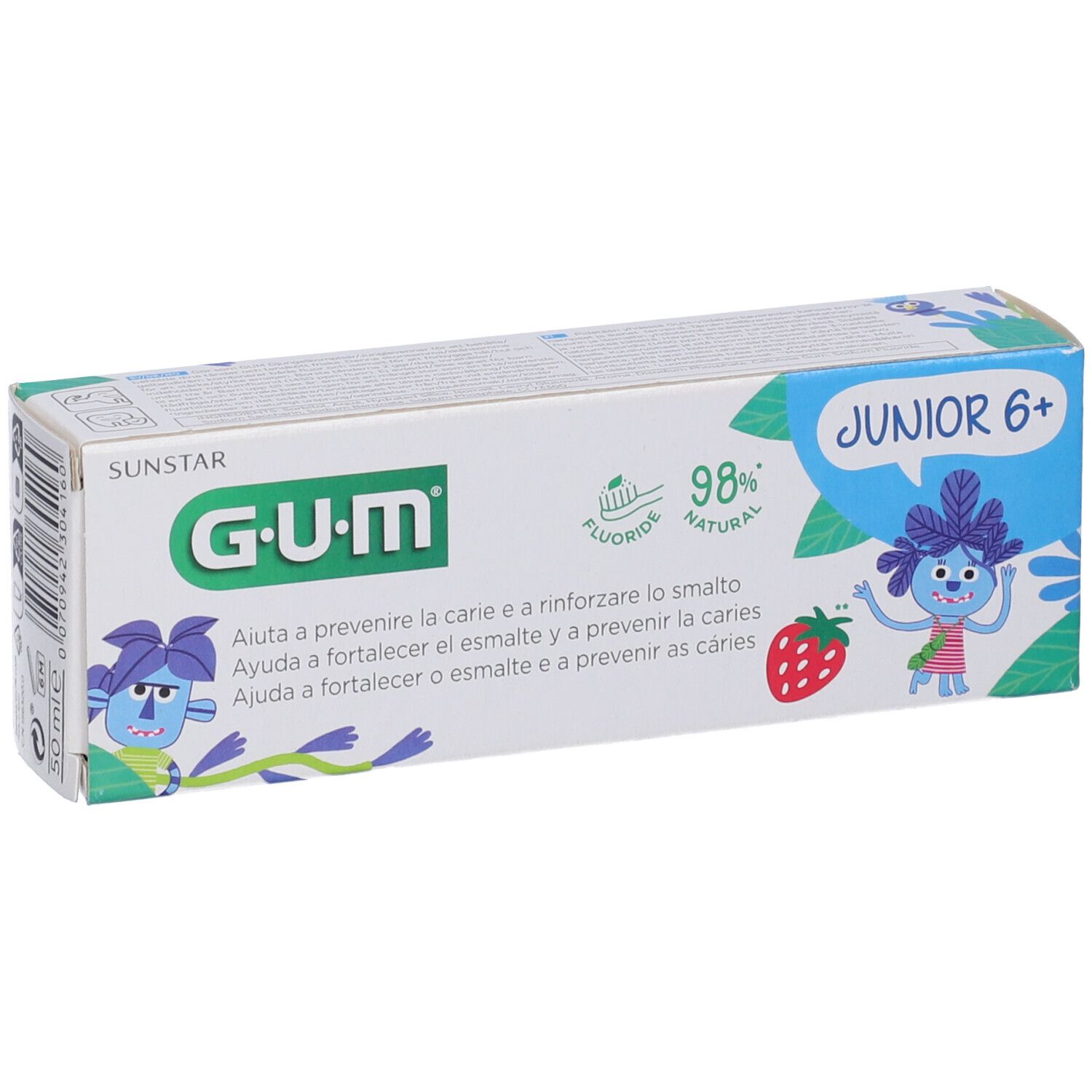 Zahncreme-Verpackung. G•U•M Junior 6+ mit Erdbeere-Illustration. Enthält Fluorid. 98% natürlich.