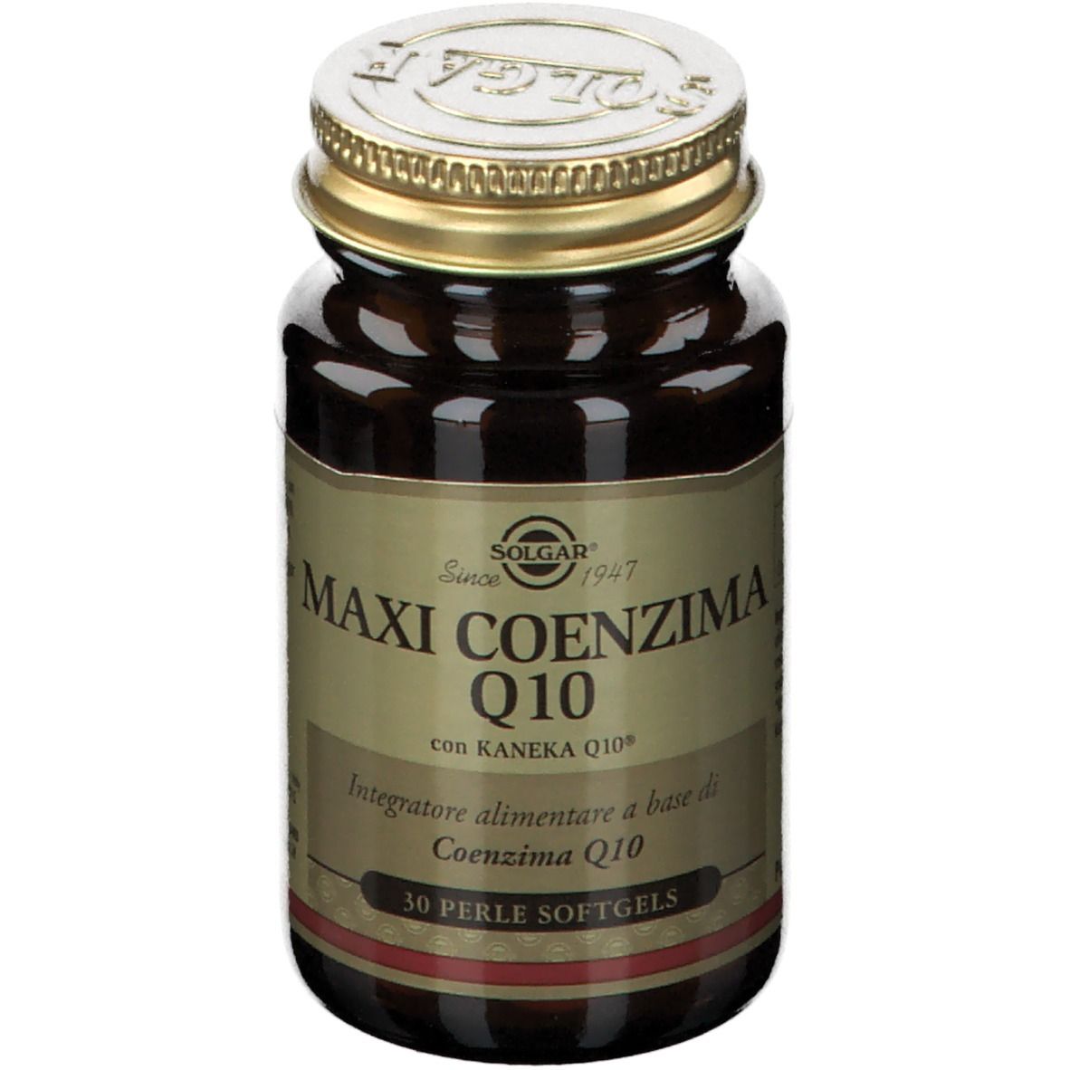 Flacone di vetro marrone con tappo dorato. Etichetta: SOLGAR Maxi Coenzima Q10. 30 softgels.