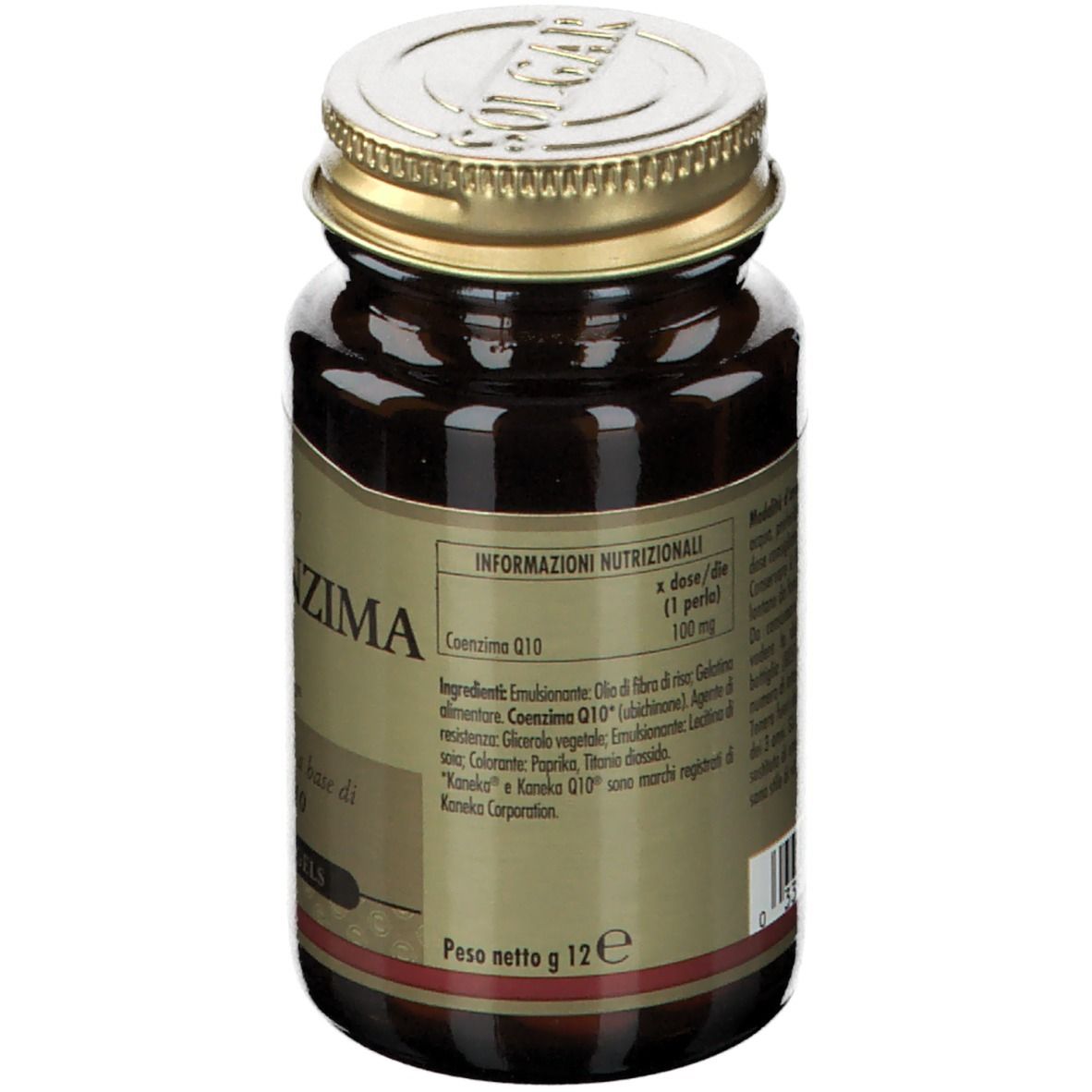 Retro di un flacone di vetro marrone. Etichetta con informazioni nutrizionali e ingredienti. Tappo dorato.