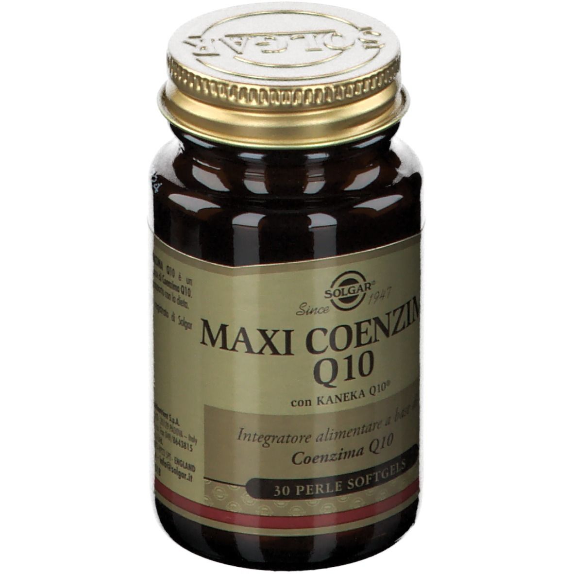 Flacone di vetro marrone con tappo dorato. Etichetta: SOLGAR Maxi Coenzima Q10. 30 softgels.