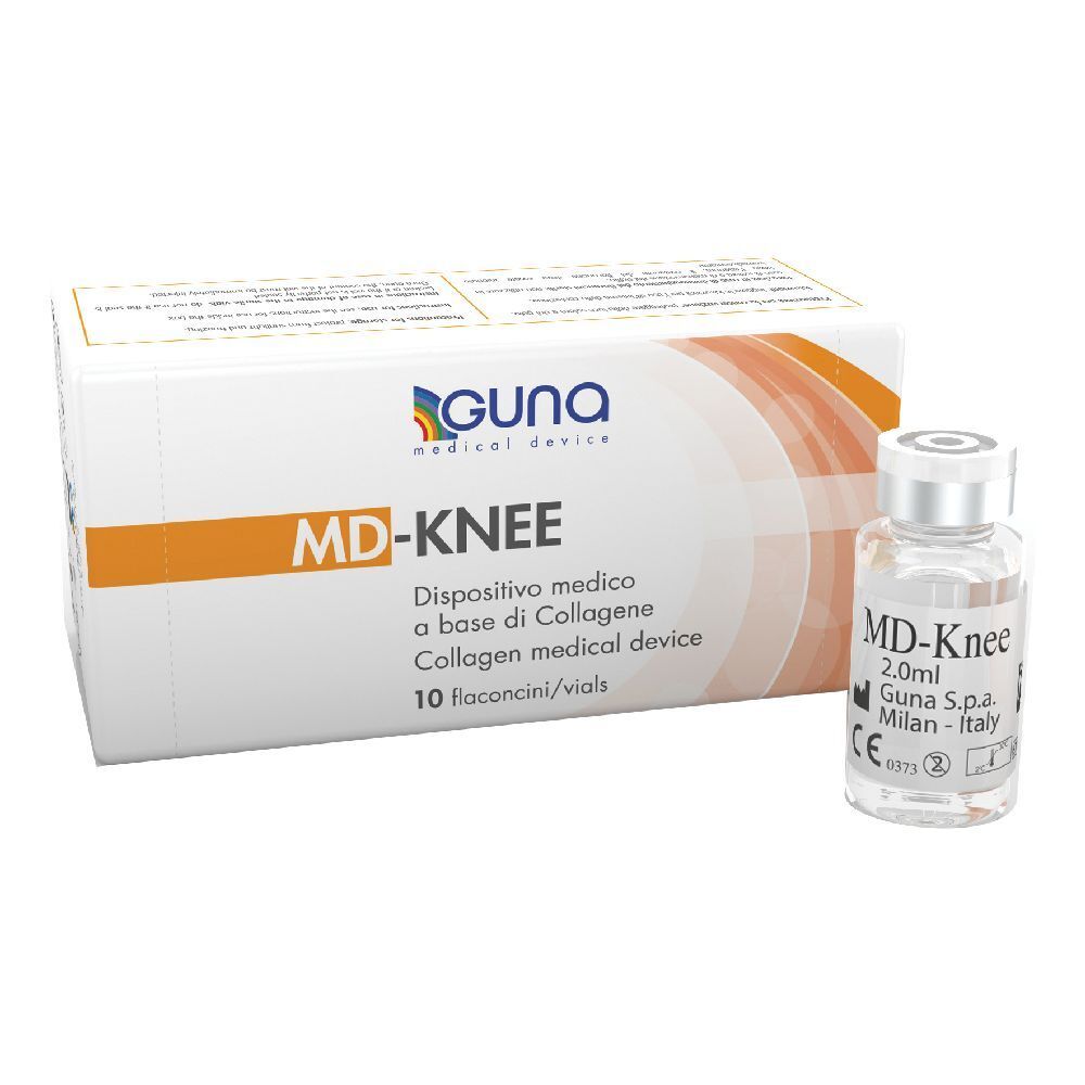 Scatola MD-KNEE e flaconcino. 10 flaconcini/vials. GUNA Medical Device. 2,0 ml. Dispositivo medico.