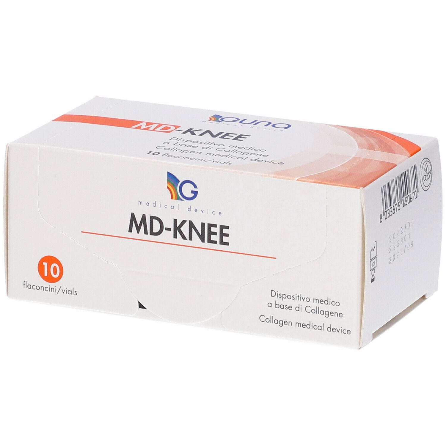 Scatola bianca MD-KNEE. 10 flaconcini/vials. GUNA Medical Device. Dispositivo medico.