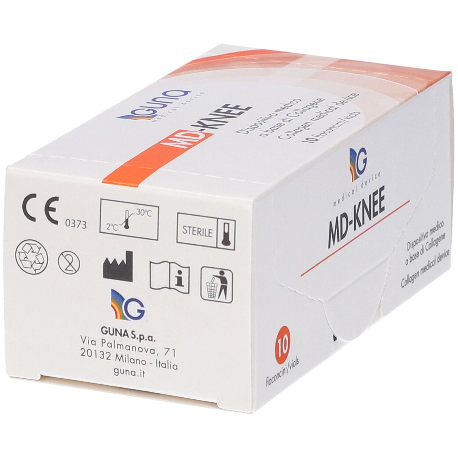 Scatola bianca MD-KNEE. 10 flaconcini/vials. GUNA Medical Device. Dispositivo medico.