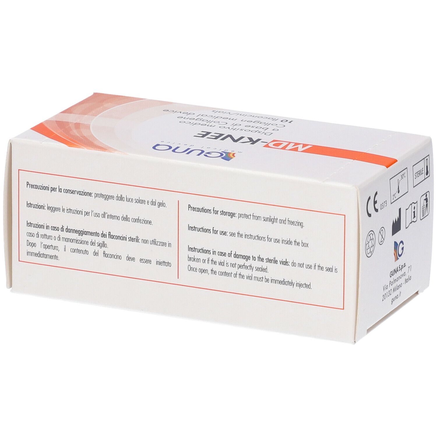Scatola bianca MD-KNEE. 10 flaconcini/vials. GUNA Medical Device. Dispositivo medico.