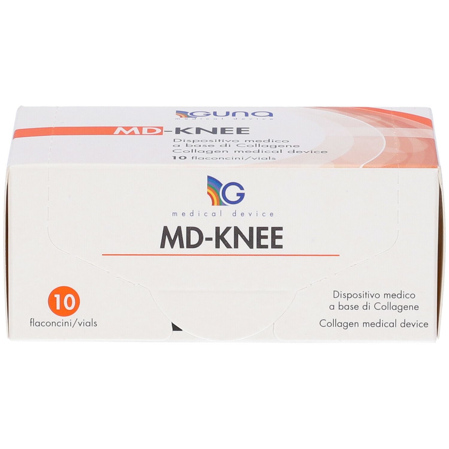 Retro della scatola MD-KNEE. Informazioni di conservazione e uso. Dispositivo medico.