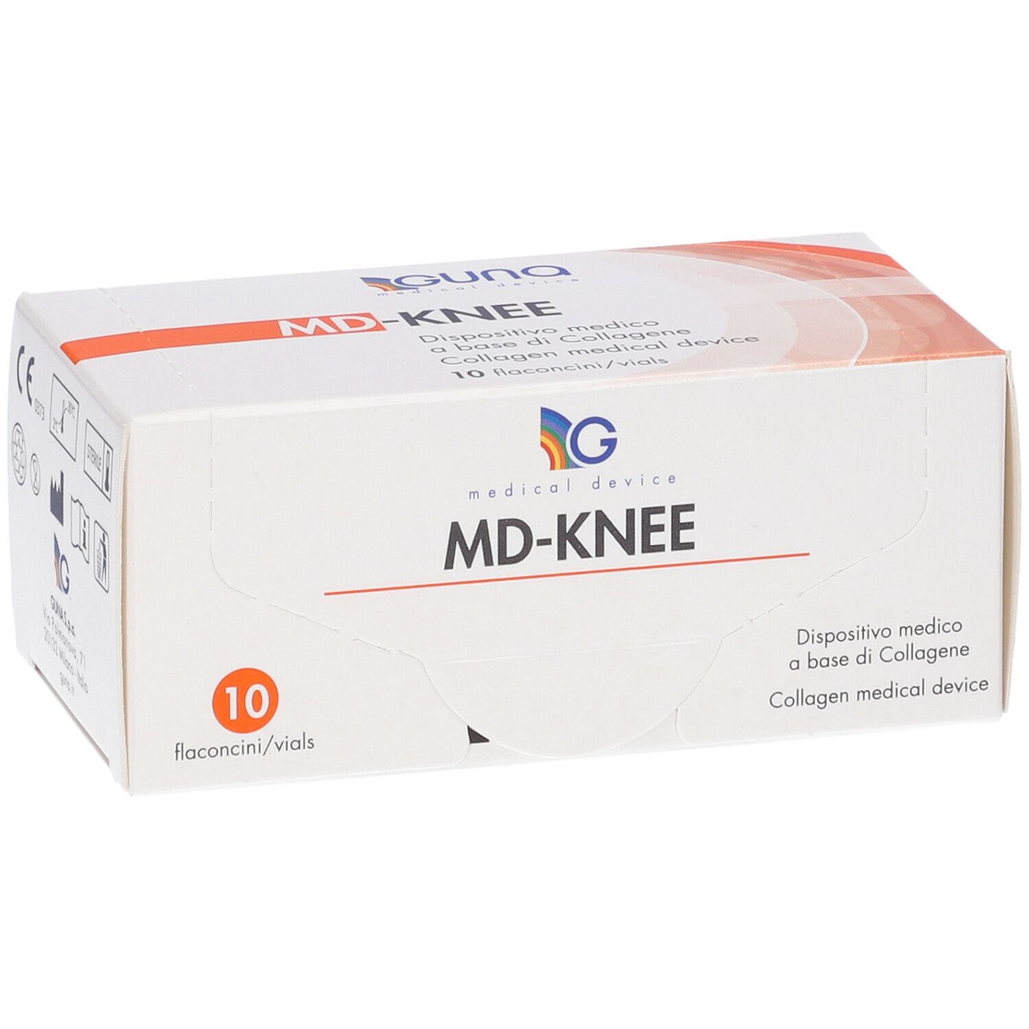 Scatola bianca MD-KNEE. 10 flaconcini/vials. GUNA Medical Device. Dispositivo medico.