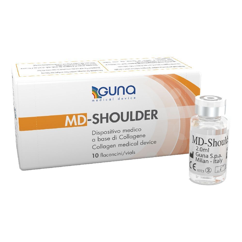 Scatola MD-SHOULDER e fiala. Scritto: GUNA, medical device, 10 flaconcini/vials. Certificazione CE.