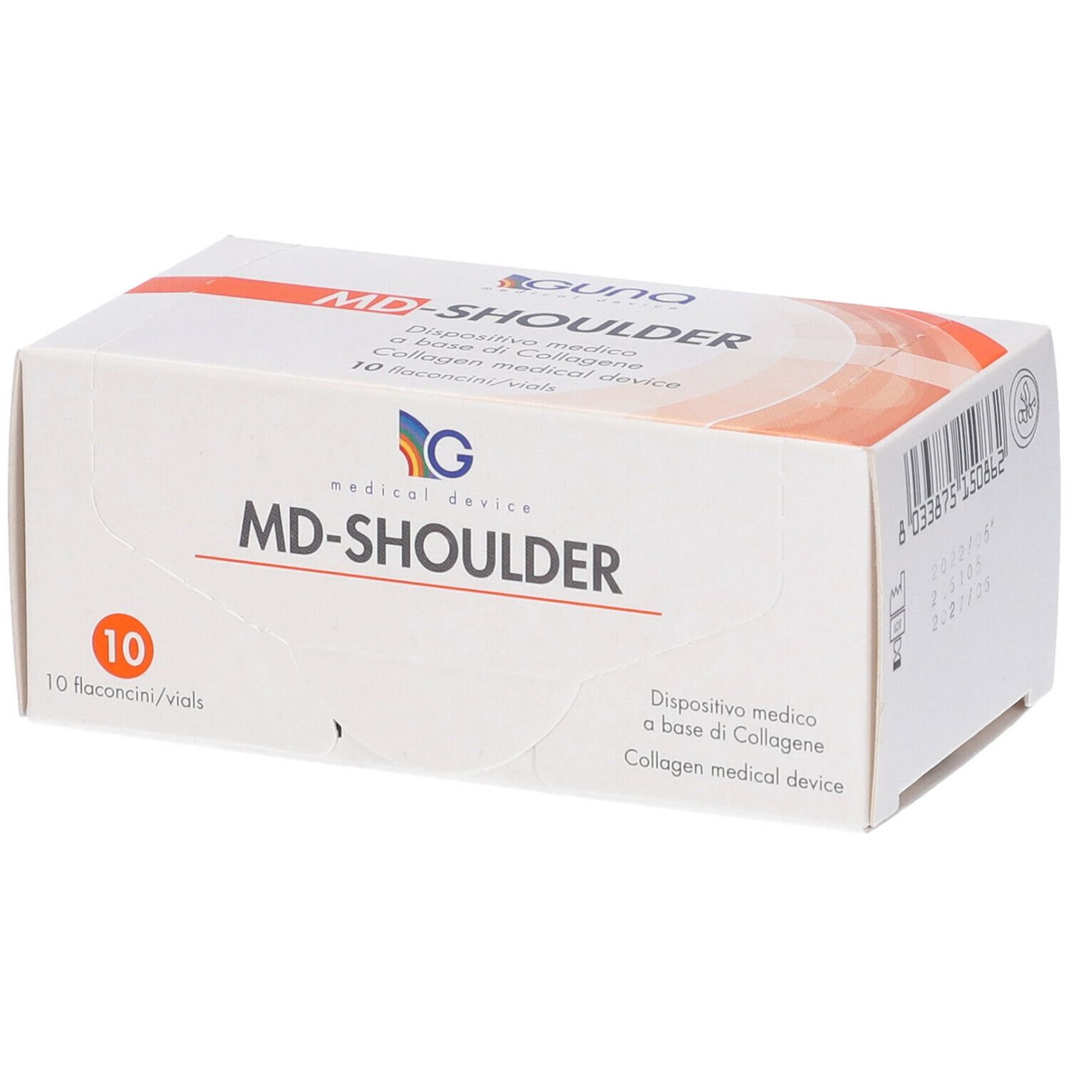 Confezione MD-SHOULDER. Scritto: GUNA, medical device, 10 flaconcini/vials. Dispositivo medico.