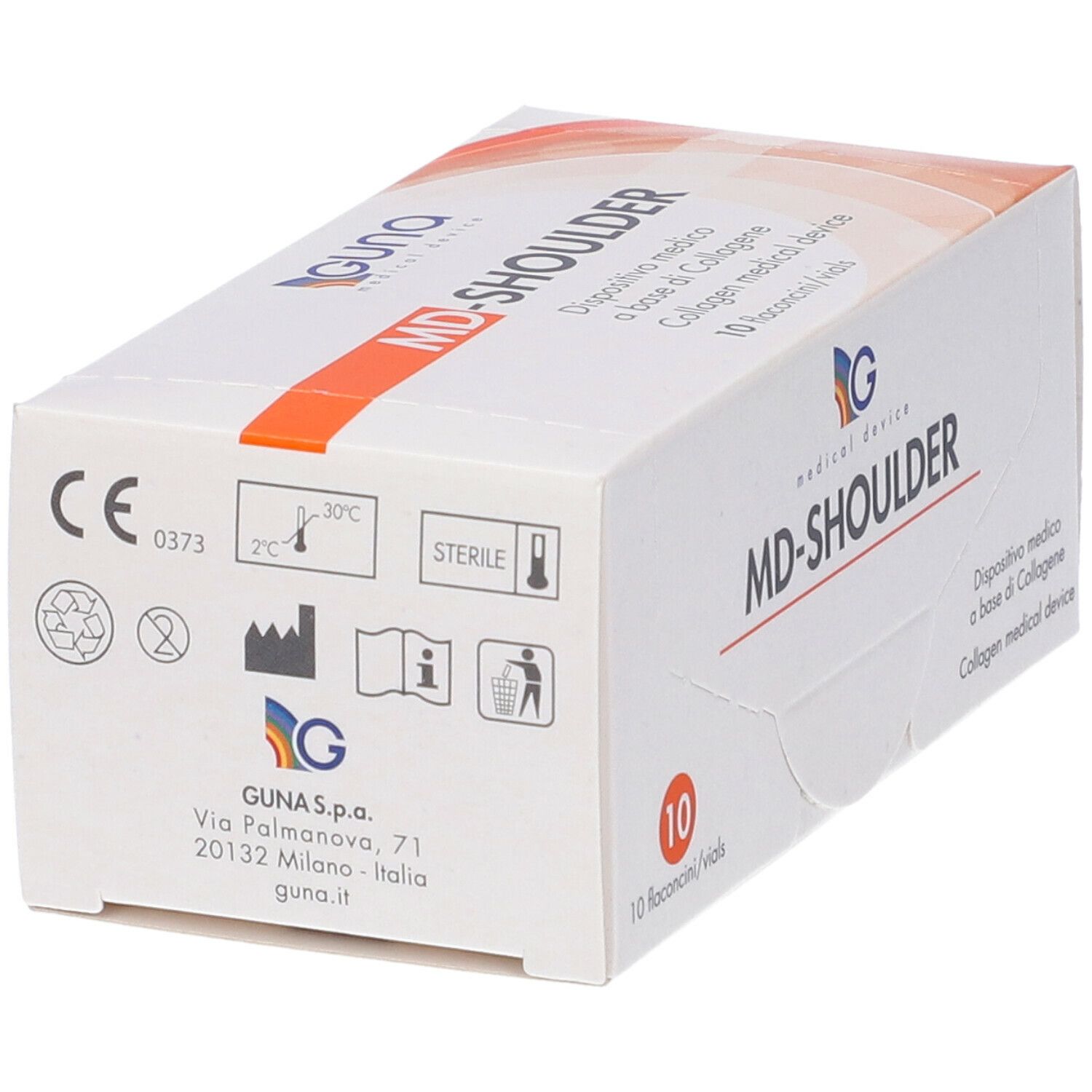 Confezione MD-SHOULDER. Scritto: GUNA, medical device, 10 flaconcini/vials. Marchio CE.