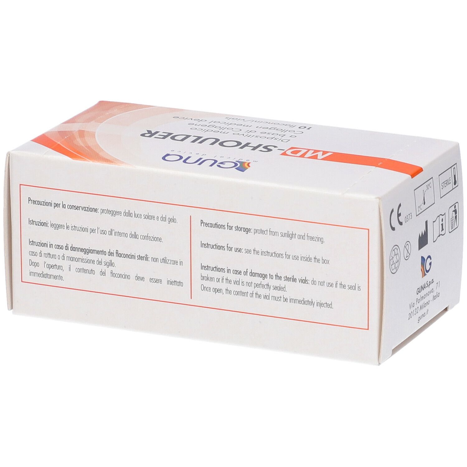 Confezione MD-SHOULDER. Scritto: GUNA, medical device, 10 flaconcini/vials. Istruzioni per l'uso.