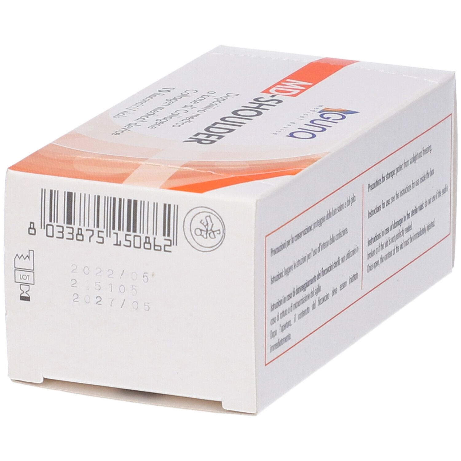 Confezione MD-SHOULDER. Scritto: GUNA, medical device, 10 flaconcini/vials. Numero di lotto e scadenza.