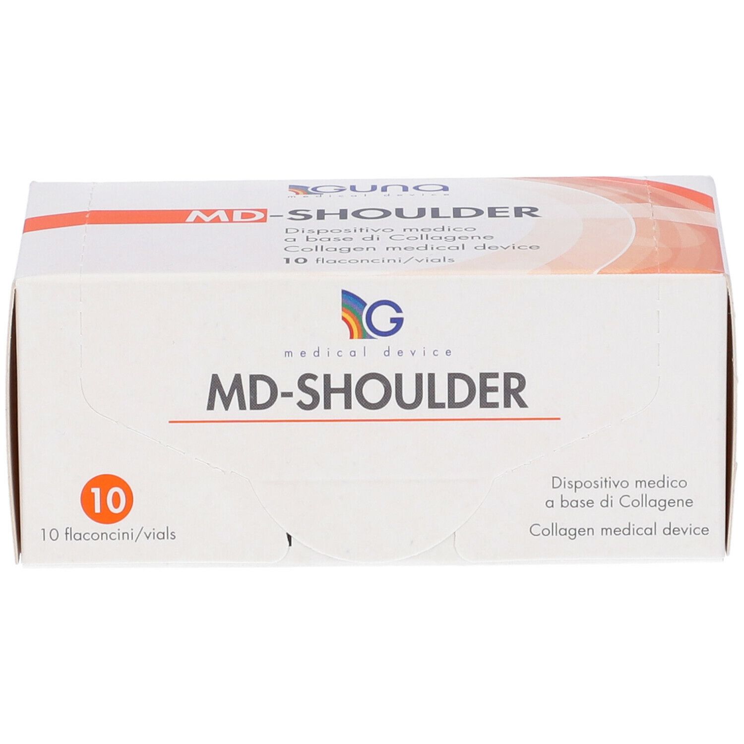Confezione MD-SHOULDER. Scritto: GUNA, medical device, 10 flaconcini/vials. Dispositivo medico.