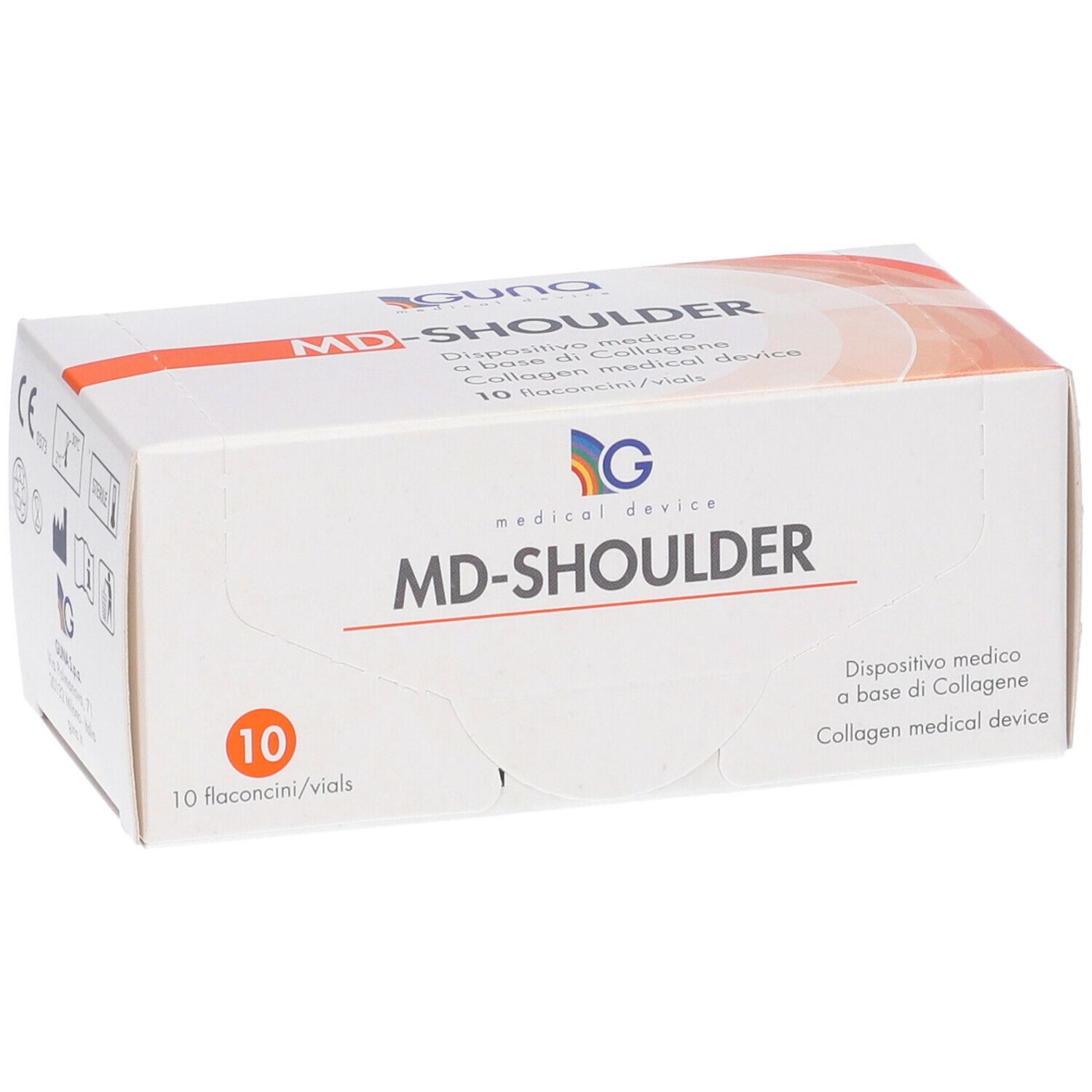 Confezione MD-SHOULDER. Scritto: GUNA, medical device, 10 flaconcini/vials. Dispositivo medico.