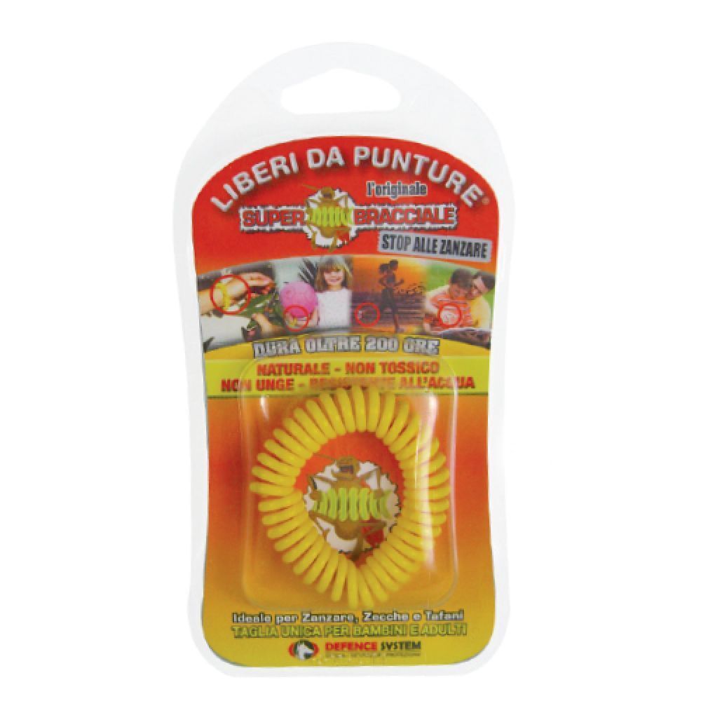 Braccialetto giallo a spirale in confezione blister. Testo: "Super Bracciale Stop alle Zanzare".