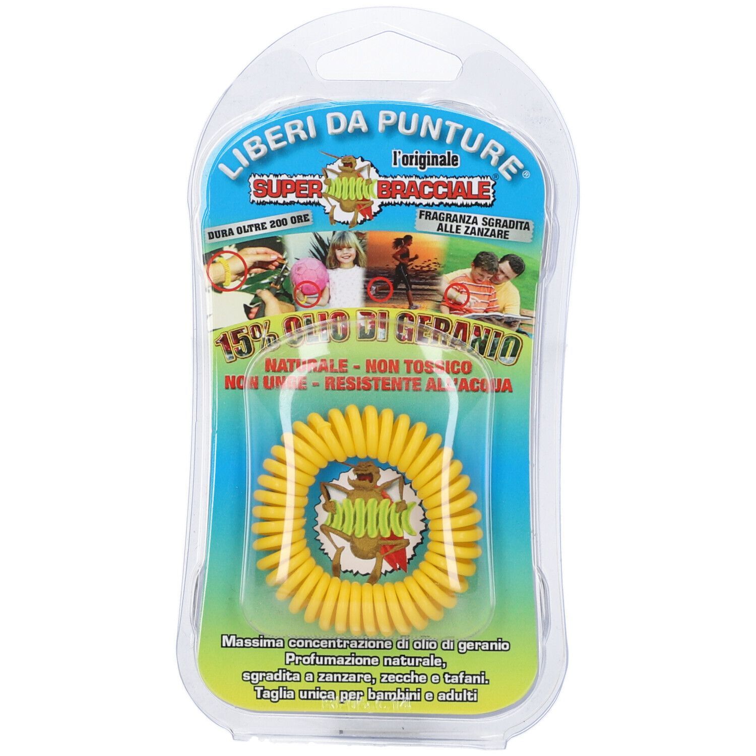 Braccialetto giallo a spirale in confezione blister. Testo: "15% Olio di Geranio".