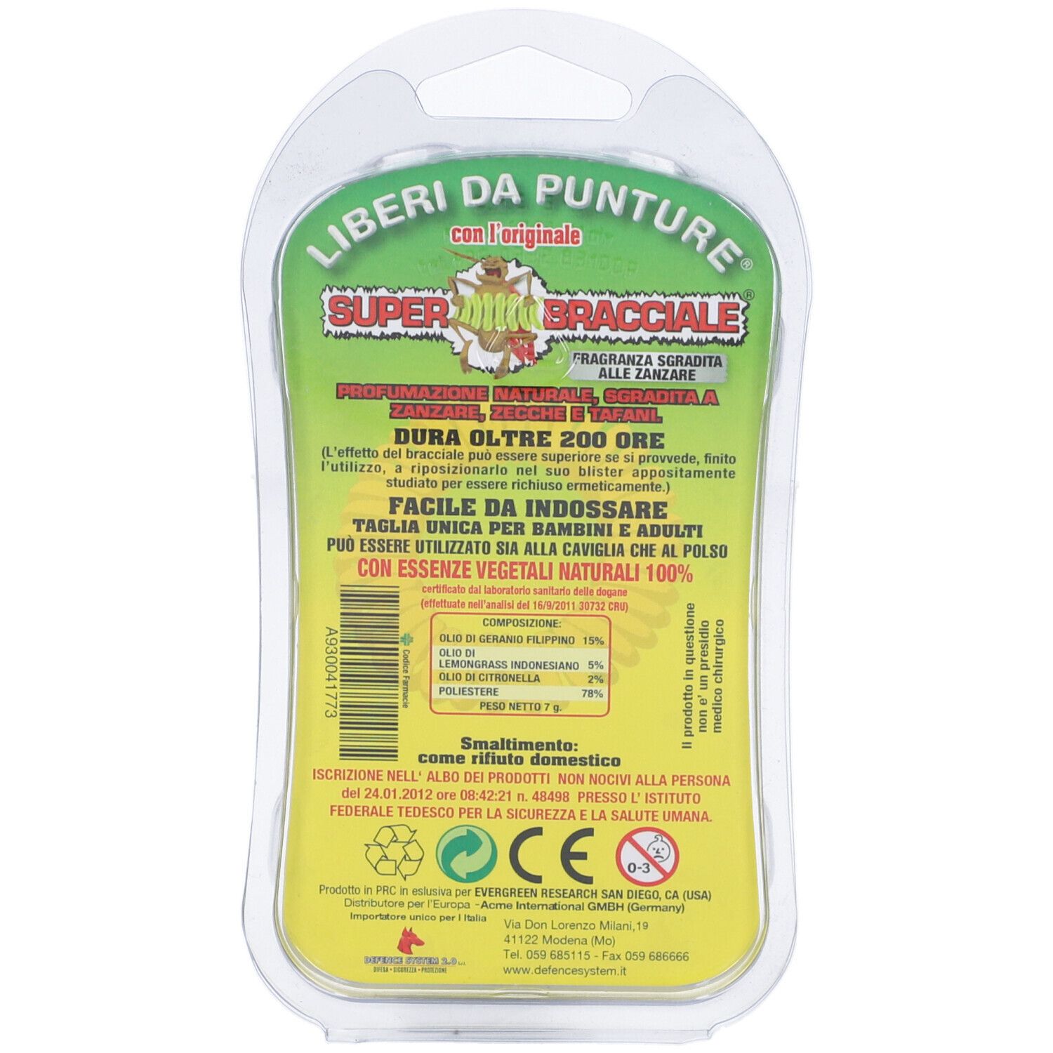 Retro della confezione blister con testo. Testo: "Super Bracciale". Composizione e istruzioni.