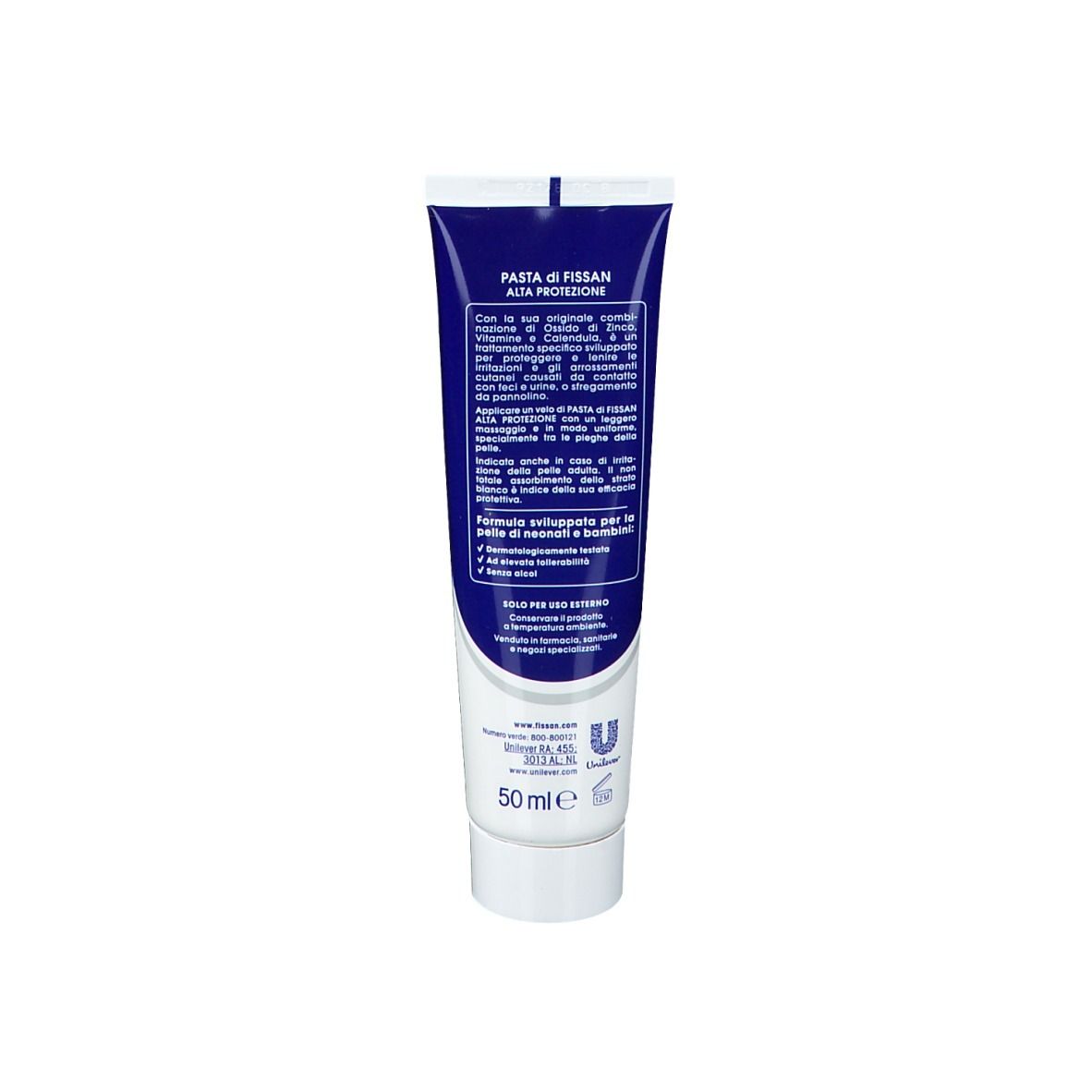 Retro di un tubo blu. Testo in italiano. Contiene informazioni sul prodotto e sugli ingredienti. 50 ml.