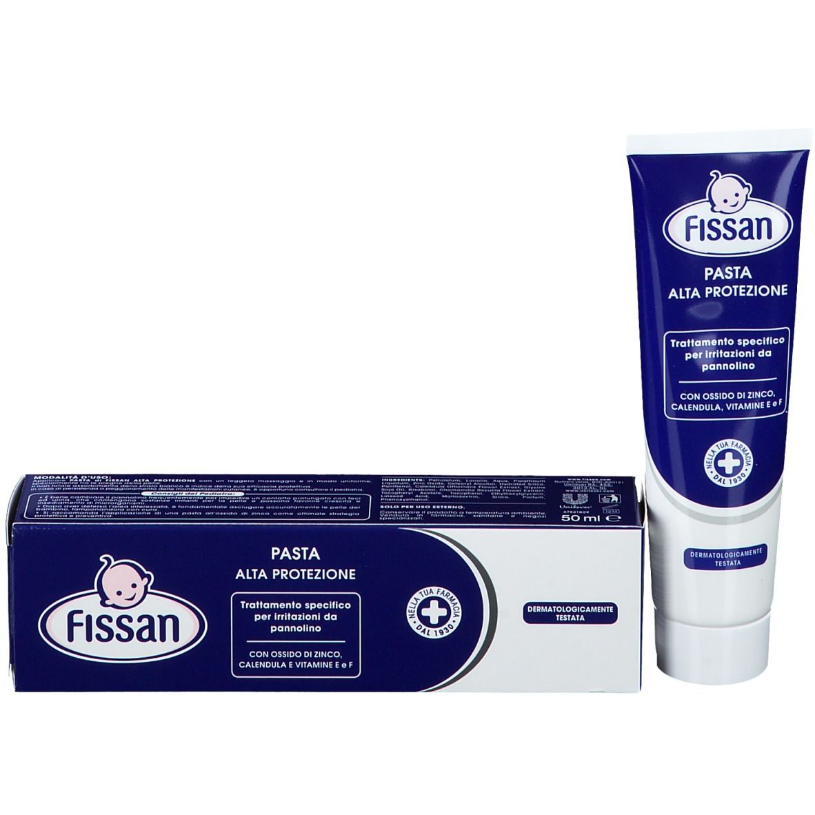 Confezione del prodotto con tubo e scatola. Tubo: blu, bianco. Scatola: blu, bianco. Scritta: Fissan, Pasta Alta Protezione. Dermatologicamente testato.