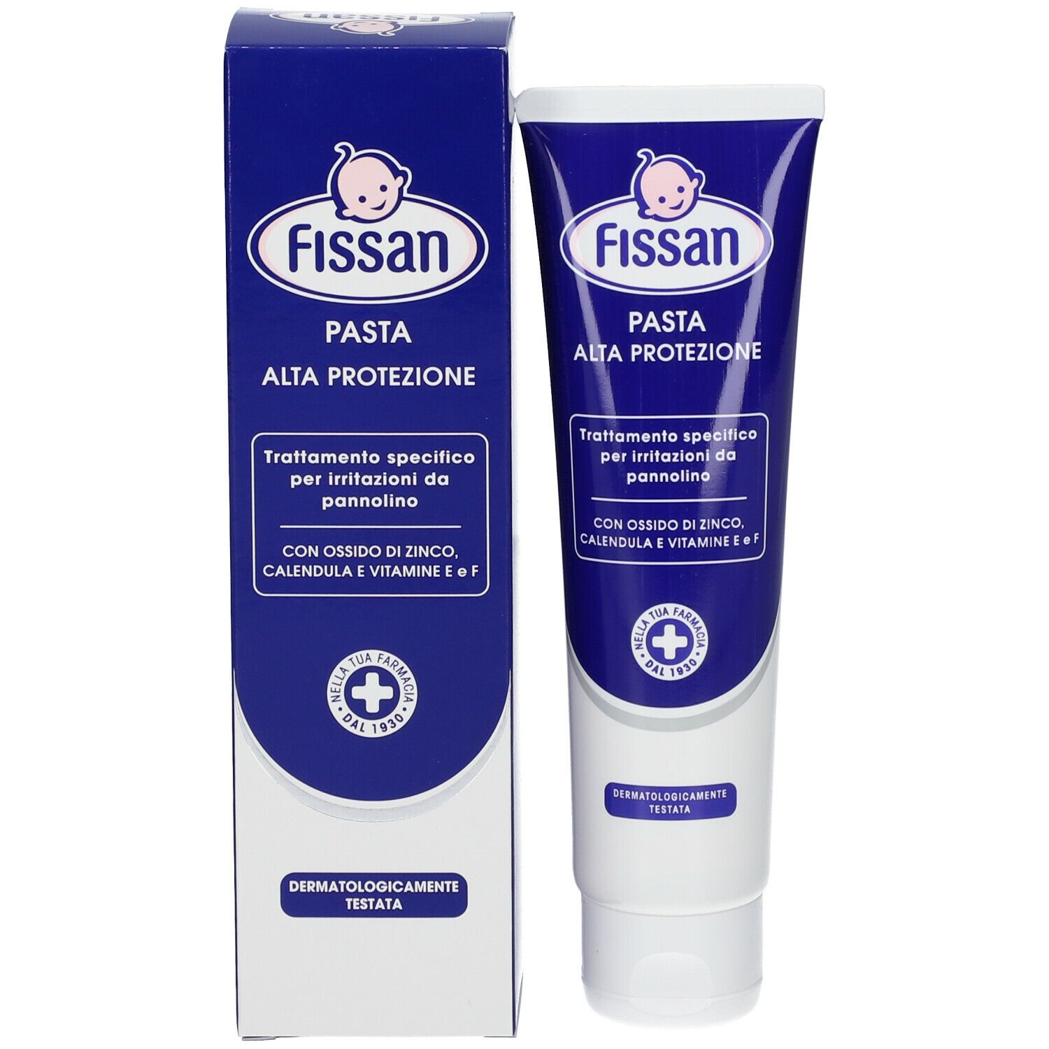 Emballage du produit: tube et boîte. Inscription: Fissan Pasta Alta Protezione. Contient oxyde de zinc, calendula et vitamine E.