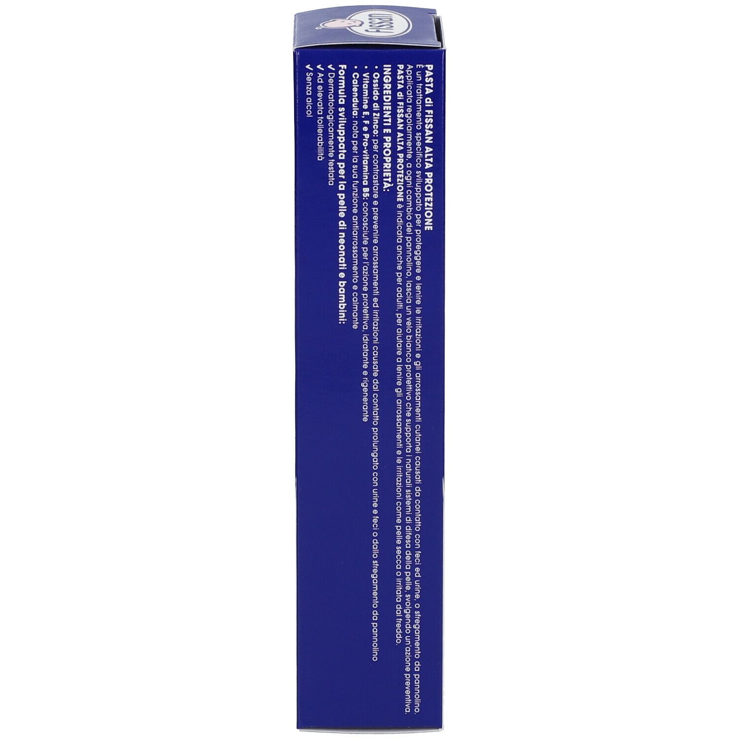 Côté de la boîte bleue. Texte: Fissan Pasta Alta Protezione. Ingrédients et instructions d'utilisation.