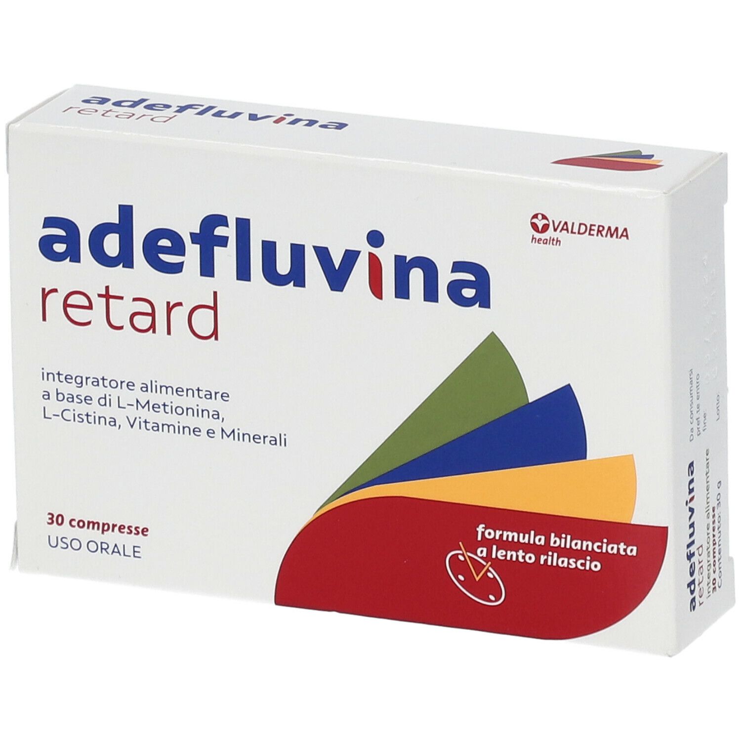 Scatola bianca di compresse "adefluvina retard". Nome e logo del prodotto. 30 compresse, uso orale. Elementi di design colorati.