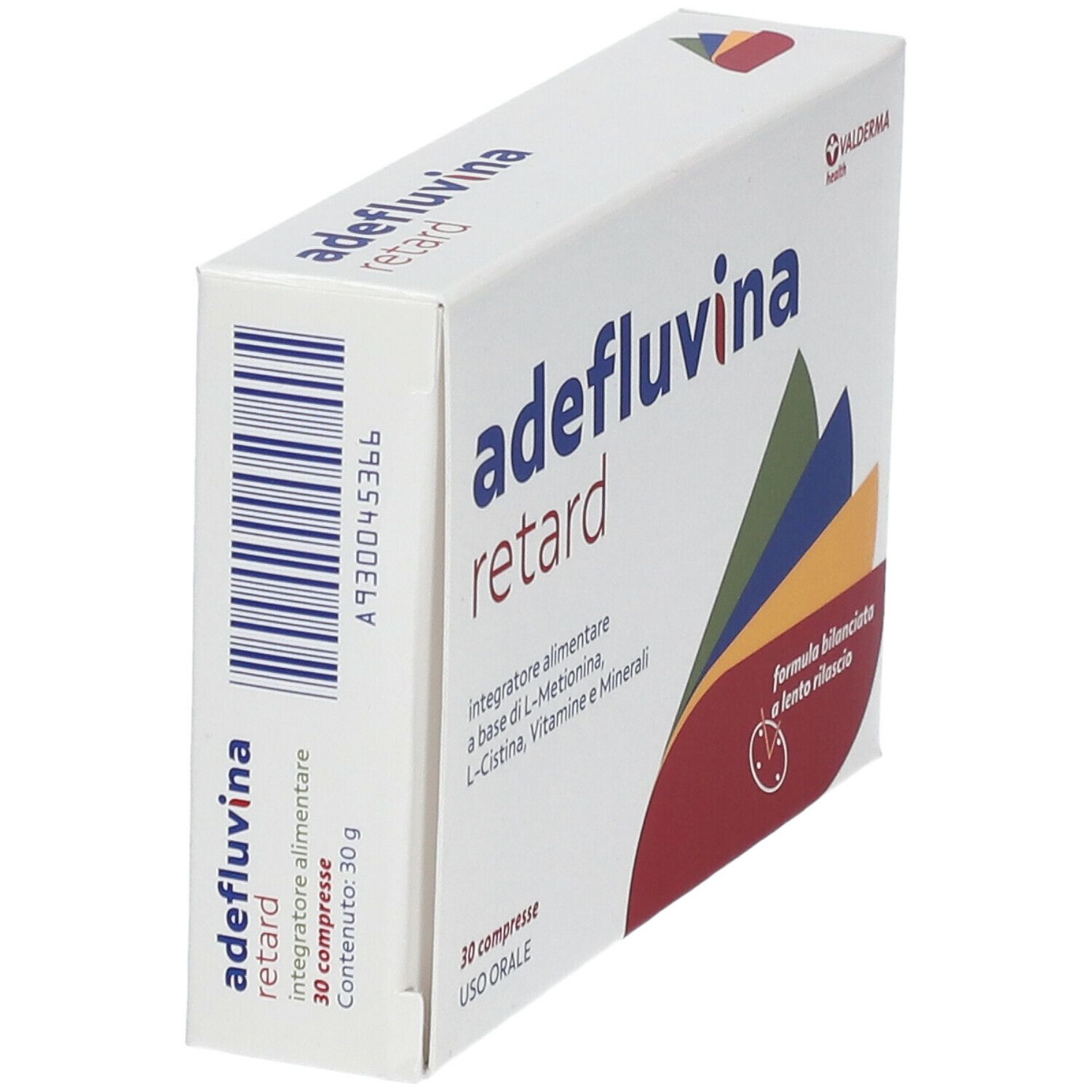Scatola "adefluvina retard" in prospettiva. Nome del prodotto, logo e 30 compresse. Elementi di design colorati. Codice a barre sul lato.
