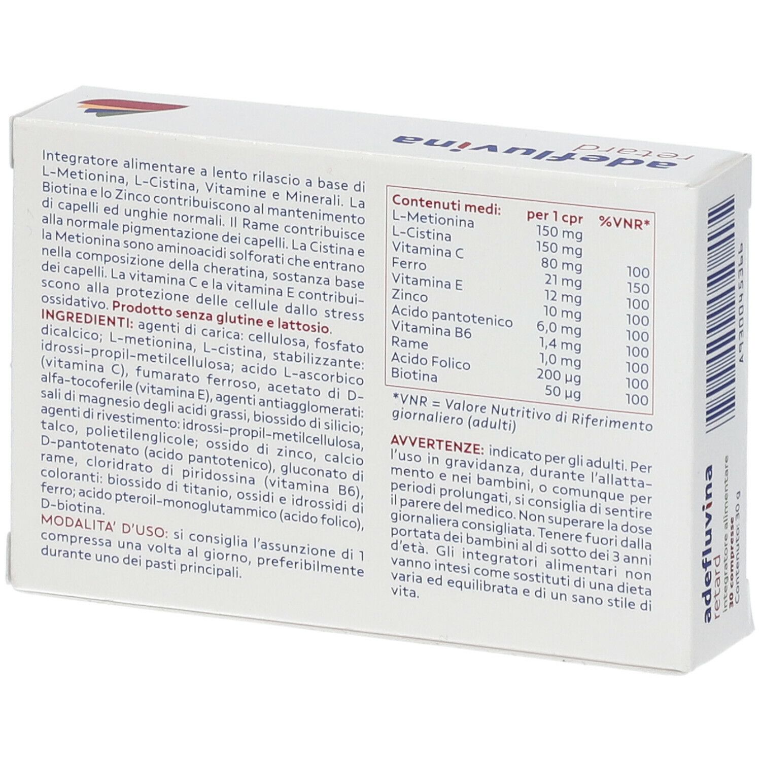 Retro della scatola "adefluvina retard". Ingredienti, informazioni nutrizionali e istruzioni. Testo in italiano.