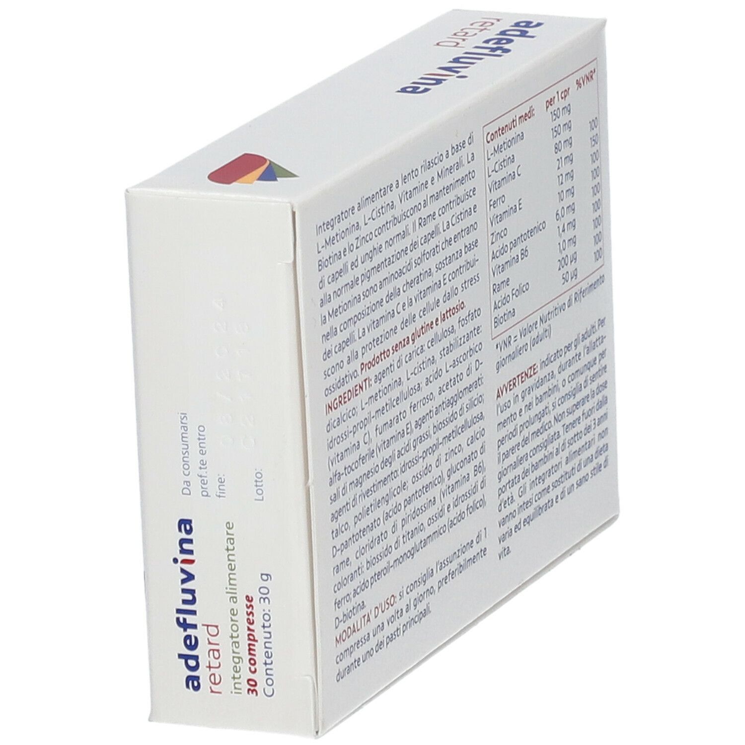 Scatola "adefluvina retard" in prospettiva. Retro con ingredienti e istruzioni. Testo in italiano.