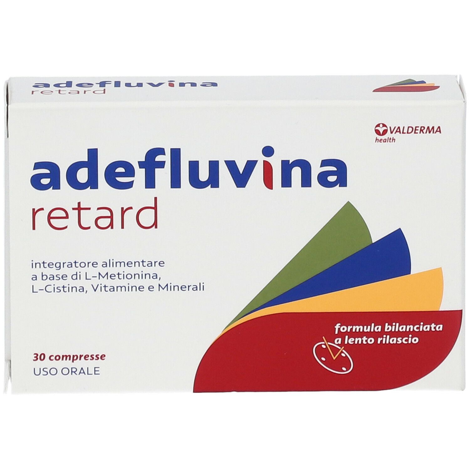Scatola bianca di compresse "adefluvina retard". Nome, logo e 30 compresse. Elementi di design colorati. Uso orale.