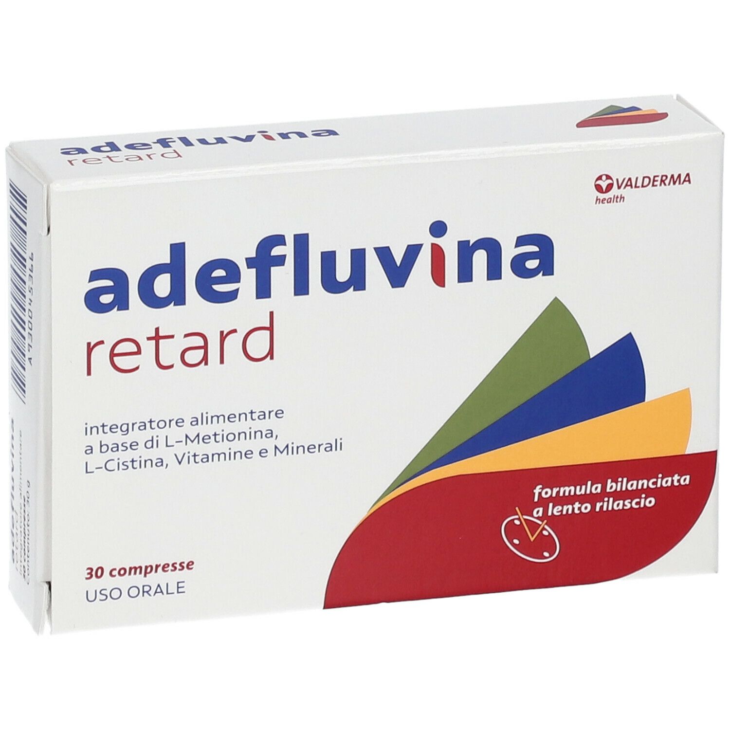 Scatola bianca di compresse "adefluvina retard". Nome, logo e 30 compresse. Elementi di design colorati. Uso orale.