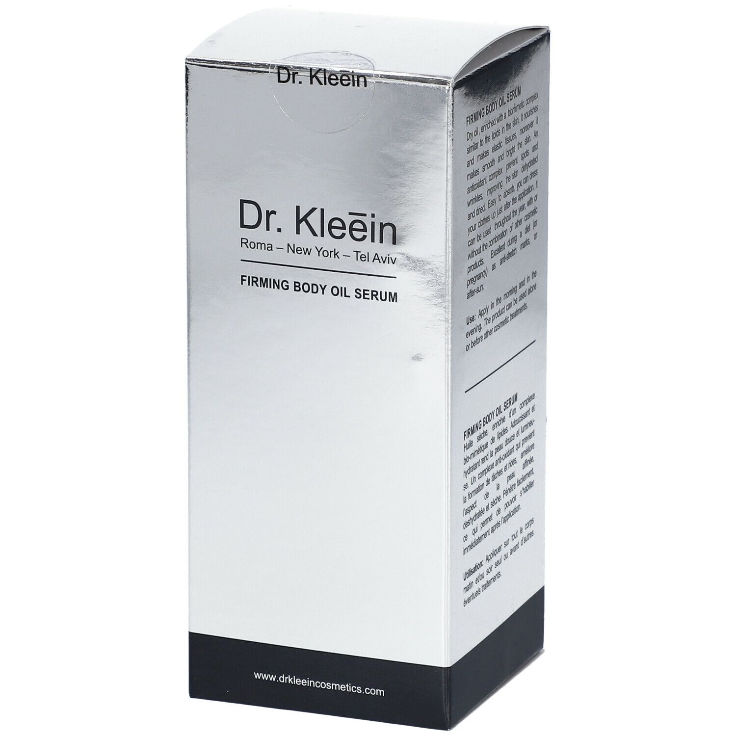 Confezione argento "Dr. Kleein FIRMING BODY OIL SERUM". Base nera, nome del marchio e del prodotto. Testo descrittivo laterale.