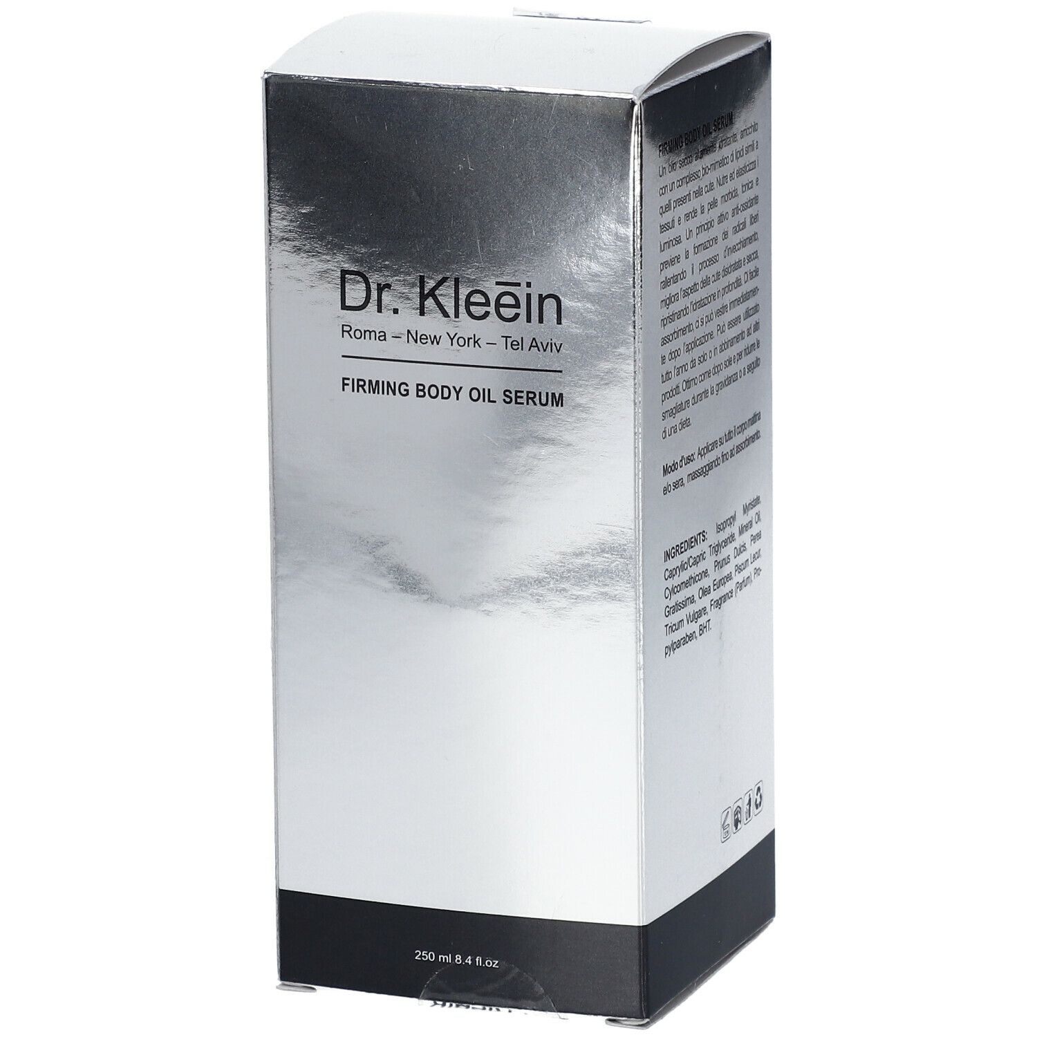 Confezione del prodotto in cartone argentato. Scritta "Dr. Kleein FIRMING BODY OIL SERUM". Zoccolo nero, testo e logo.