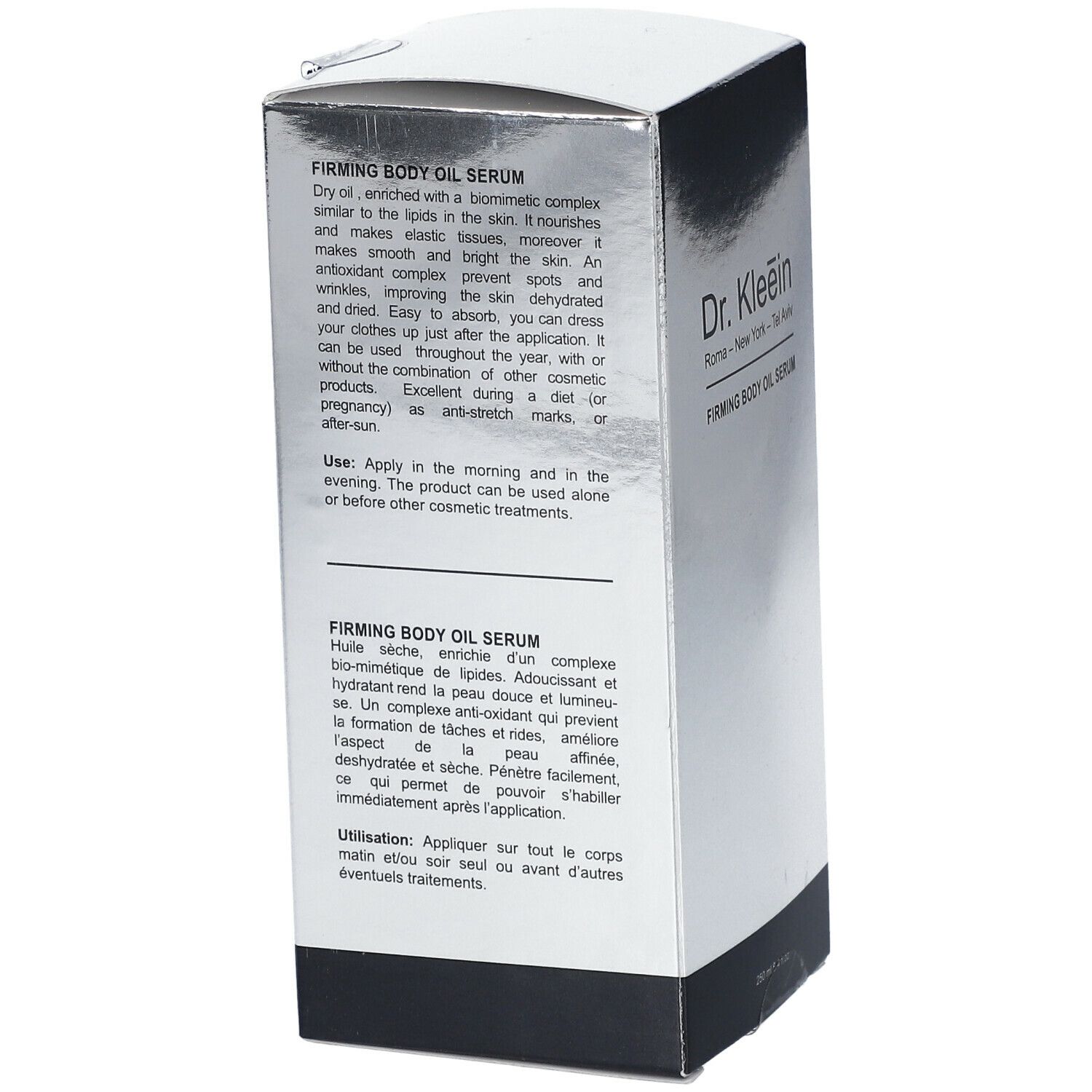 Confezione del prodotto con testo in inglese e francese. Cartone argentato con zoccolo nero. "Dr. Kleein FIRMING BODY OIL SERUM".